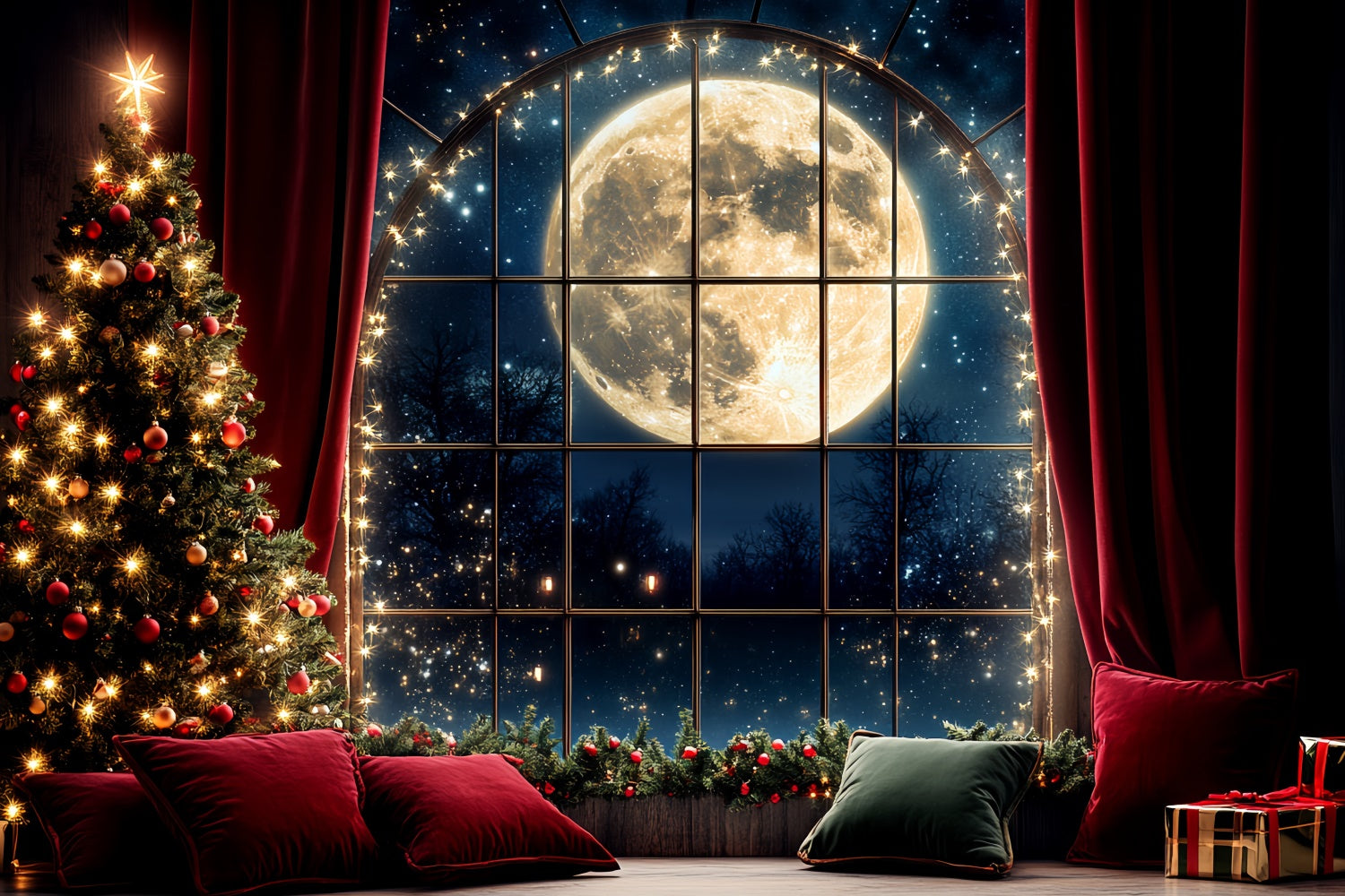 Weihnachten Backdrops Verkauf Roter Vorhang Vollmond Backdrop CSH6-250