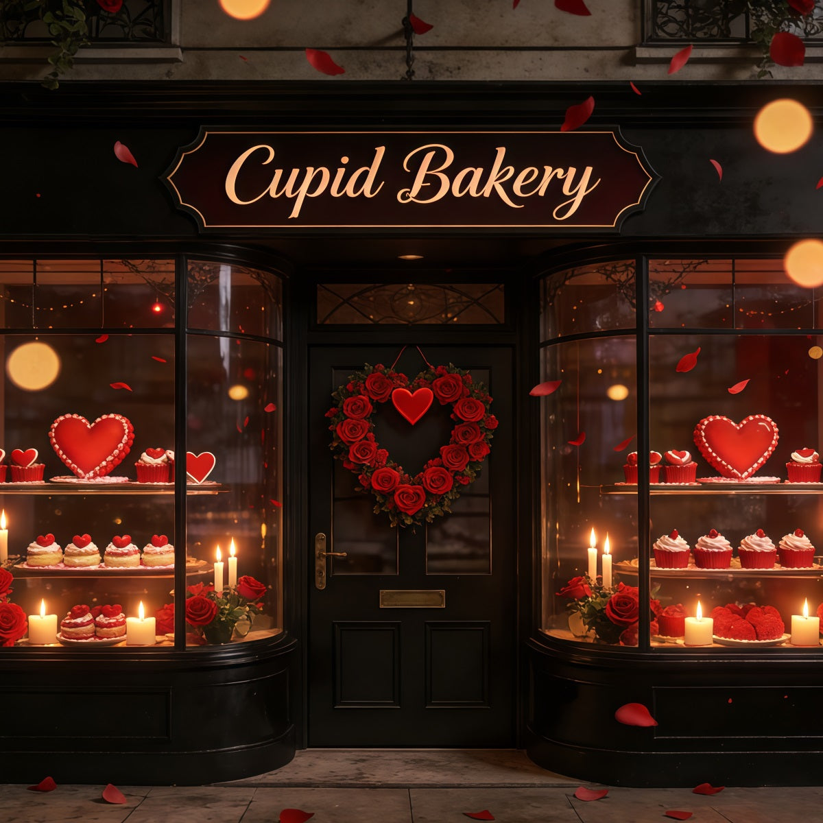 Cupido-Valentinstag-Hintergrund Cupcake-Bäckerei-Schaufensterauslage Valentinstag-Hintergründe CSH61-100