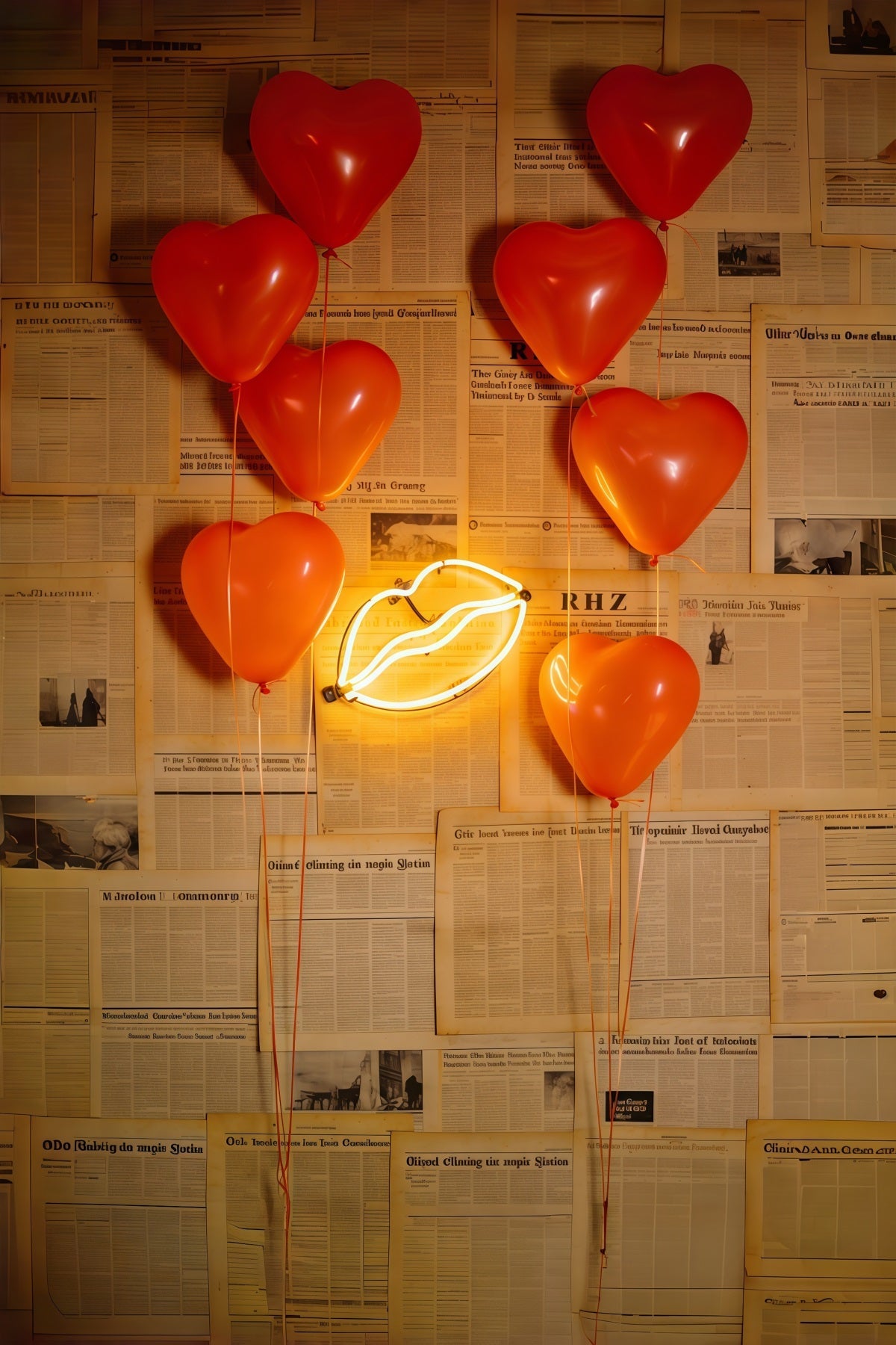 Zeitungs-Valentinstag-Hintergrund Herzballons Neon-Lippen Valentinstag-Hintergrund-Ideen CSH61-109