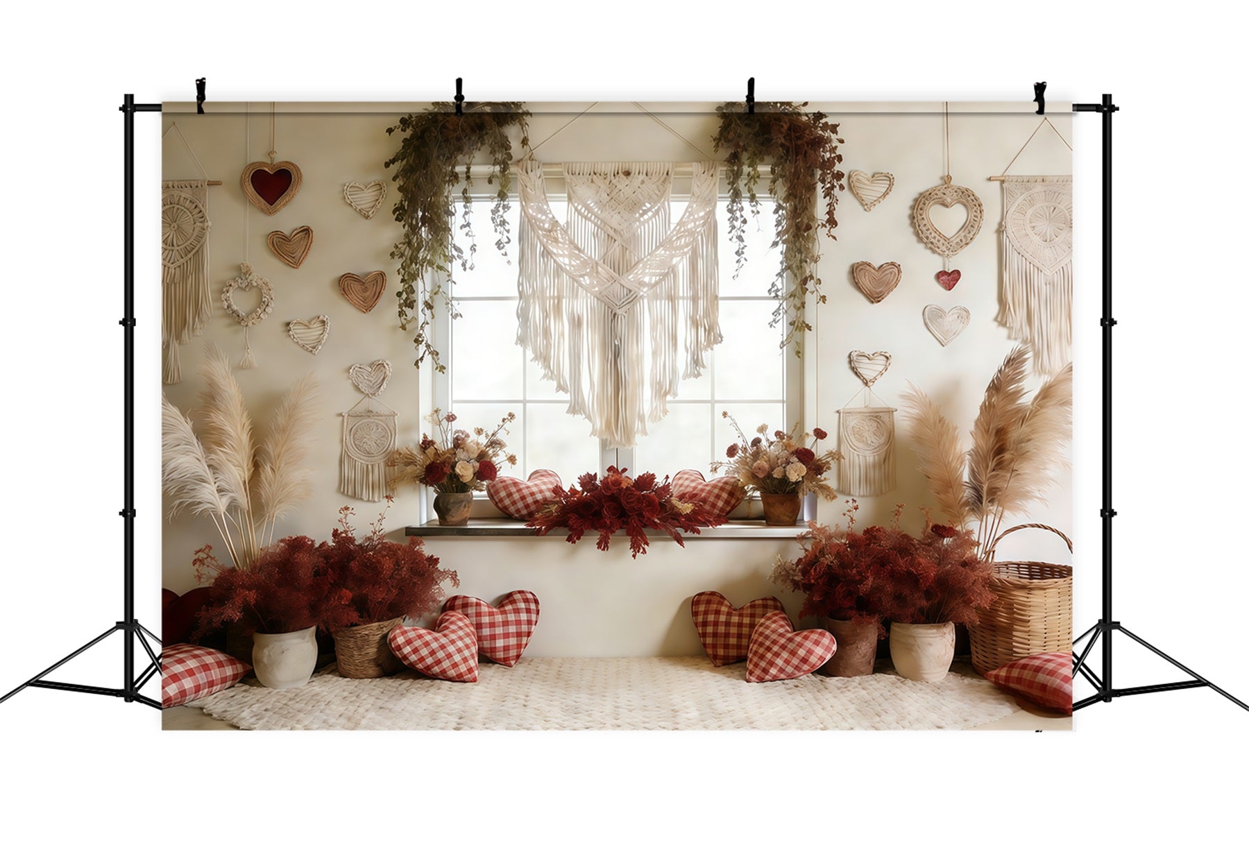 Boho-Blumen-Hintergrund zum Valentinstag Makramee-Herz-Fenster-Hintergrund zum Valentinstag für Fotos CSH61-117