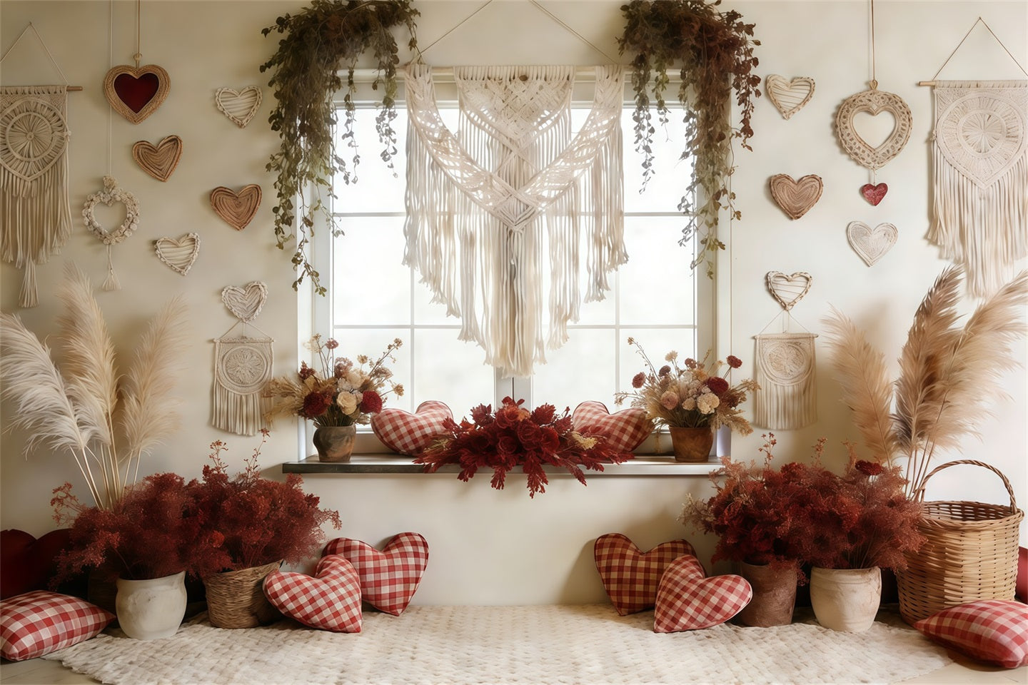 Boho-Blumen-Hintergrund zum Valentinstag Makramee-Herz-Fenster-Hintergrund zum Valentinstag für Fotos CSH61-117