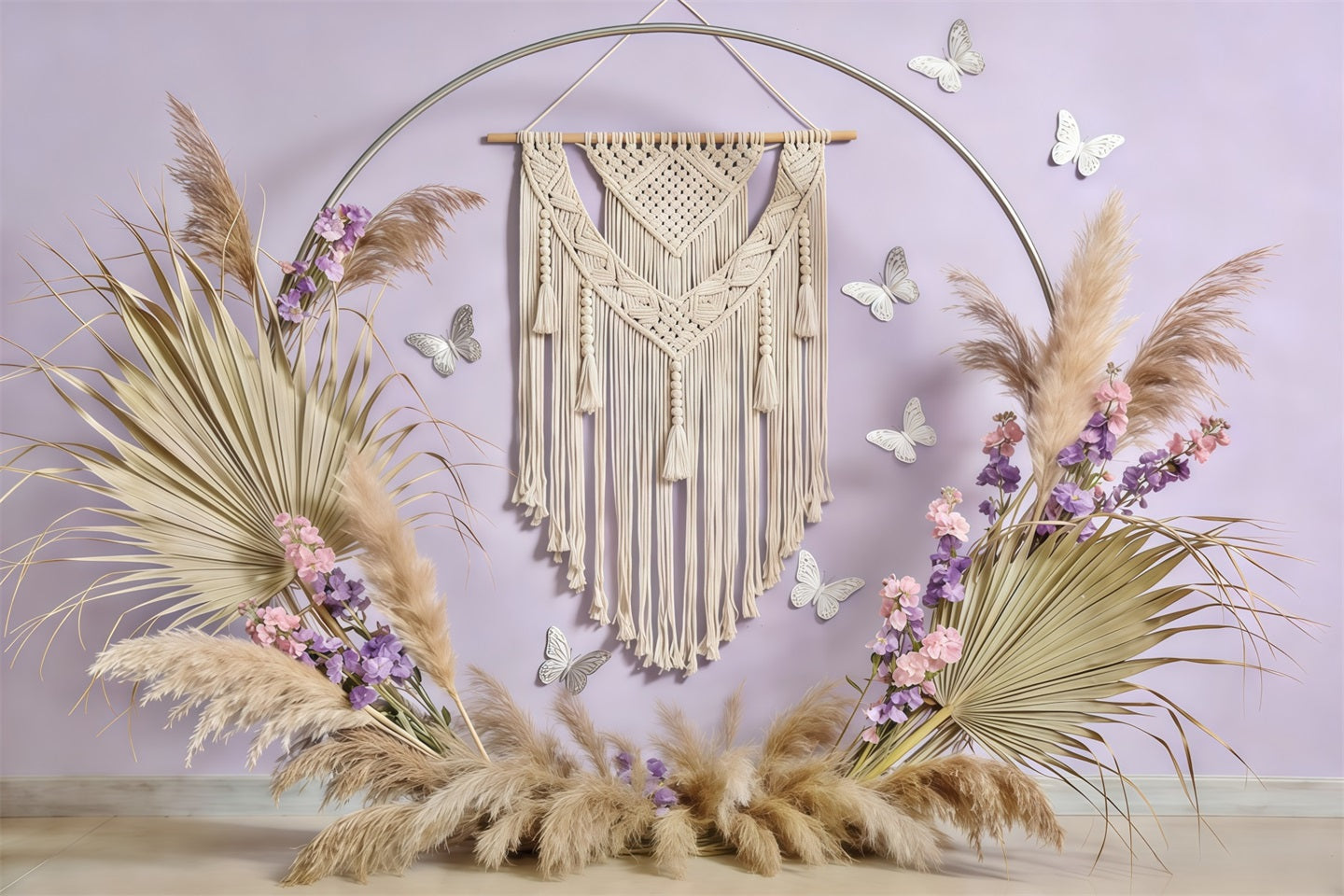 Pampasgras-Wandhintergrund Boho-Makramee-Pampas-Schmetterling Frühlings-Fotoshooting-Hintergrund CSH61-125