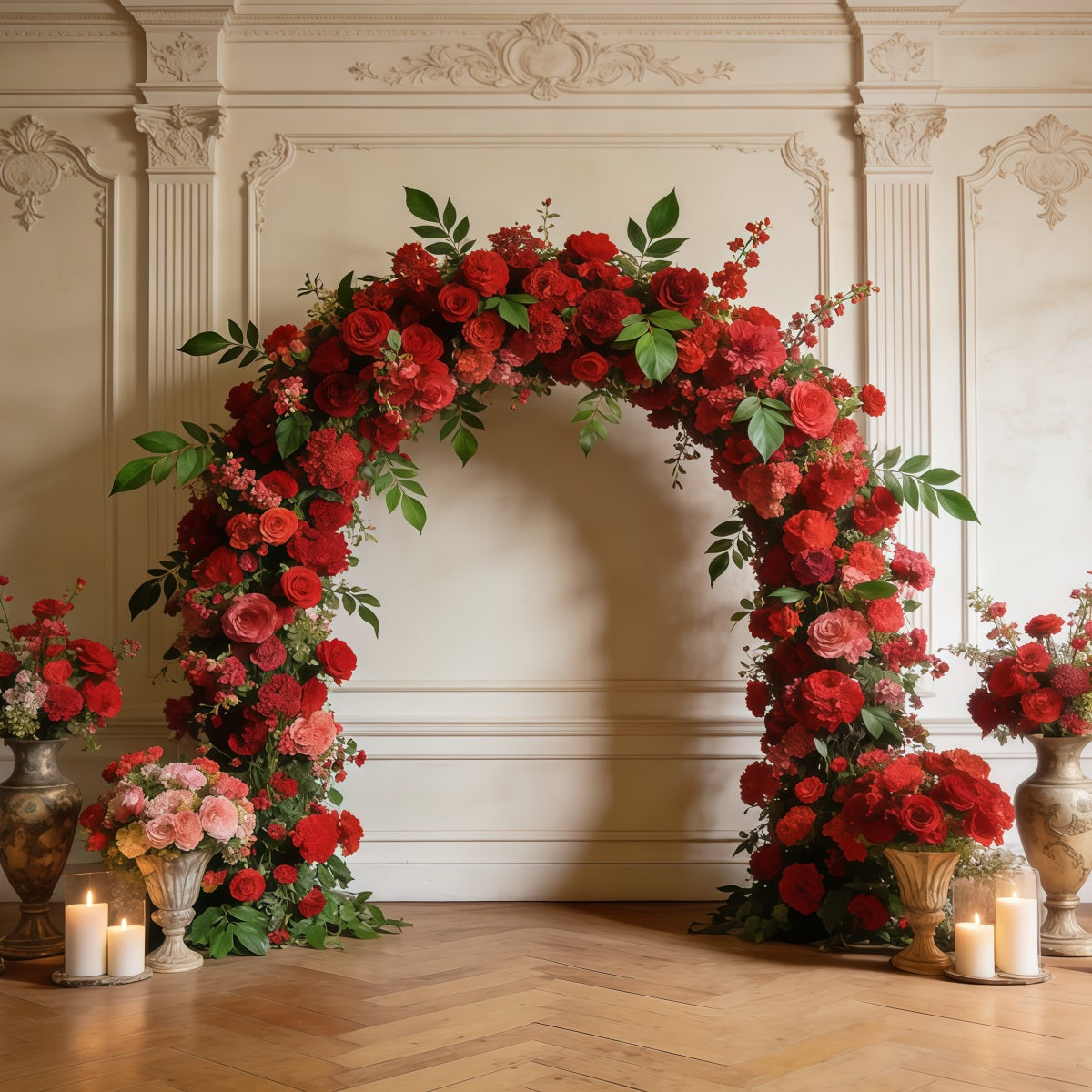 Ideen für Wildblumen-Kulissen Eleganter roter Rosenbogen Pastellfarbene Blumenkulisse CSH61-128