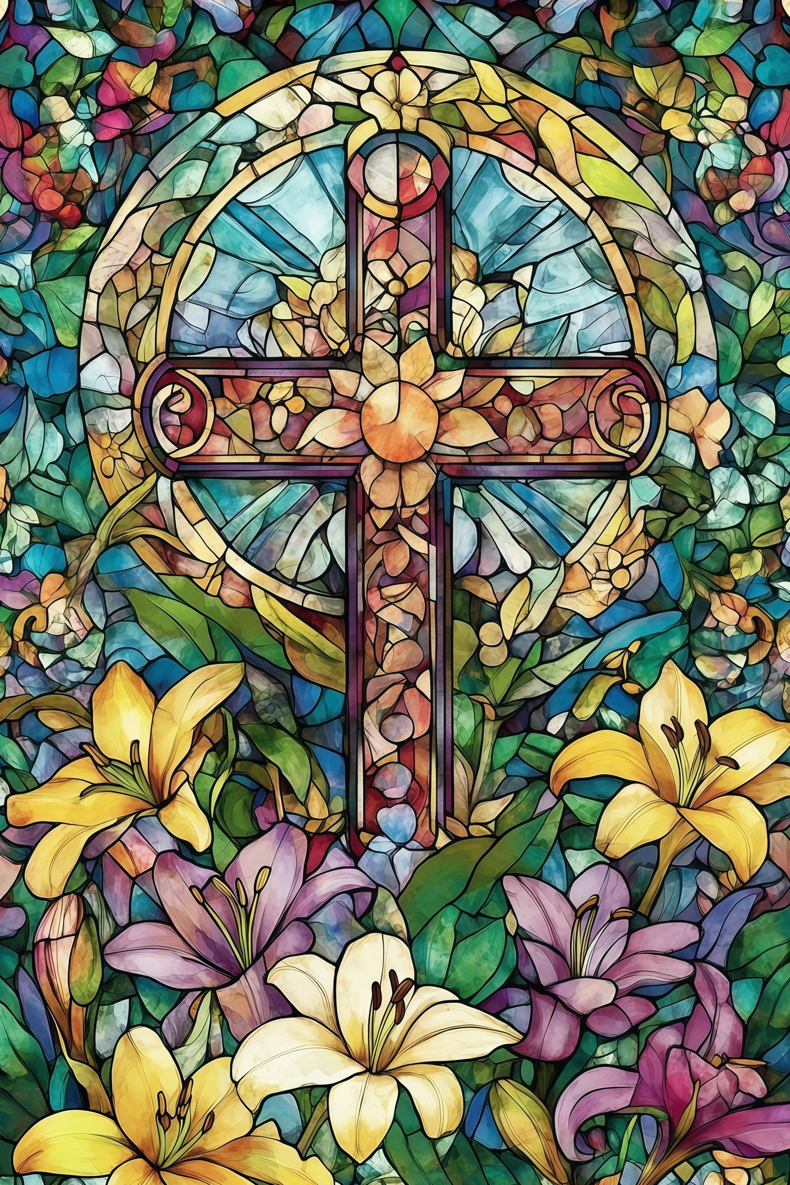 Buntglasfenster-Hintergrund Blumenkreuz Kirche Gotische Osterhintergründe CSH61-14