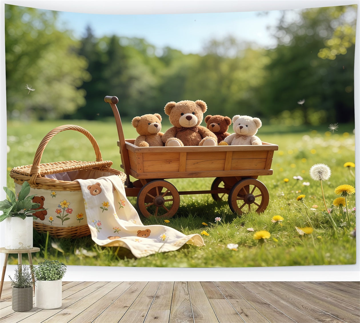 Picknick-Hintergründe Teddybär-Wagen Wiese im Freien DIY-Frühlingshintergrund CSH61-140