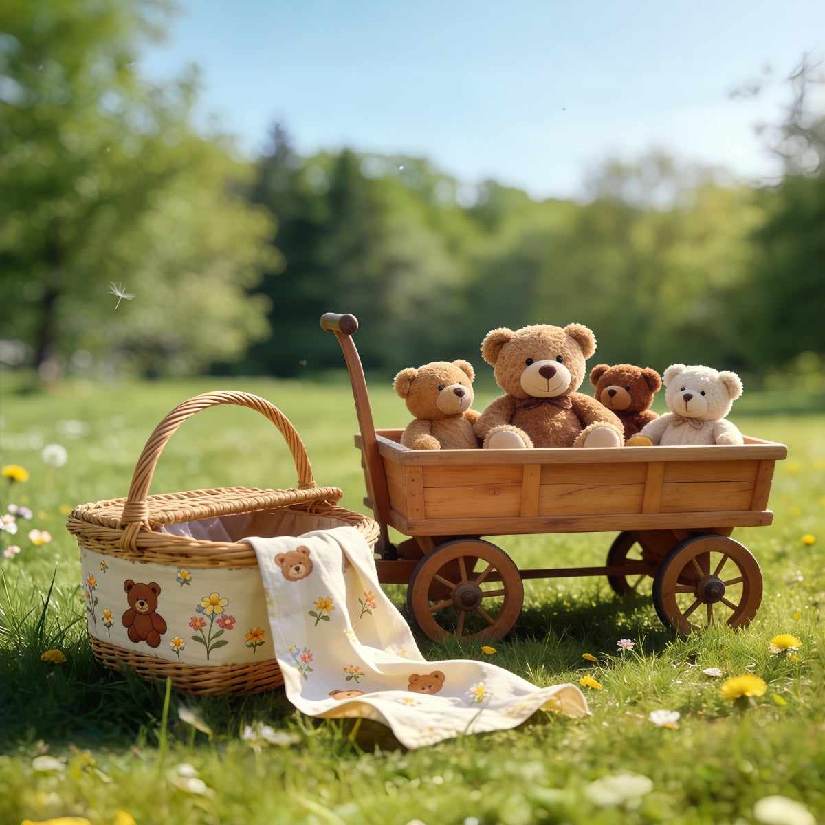 Picknick-Hintergründe Teddybär-Wagen Wiese im Freien DIY-Frühlingshintergrund CSH61-140