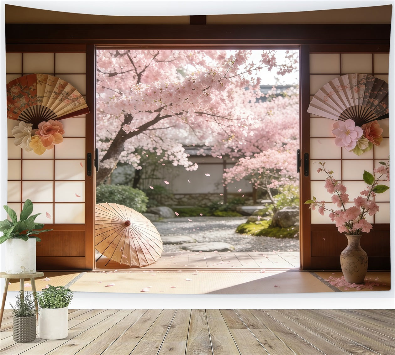 Hintergrund Kirschblüten Sakura Innenhof Schiebetüren Blumenbildhintergrund CSH61-142