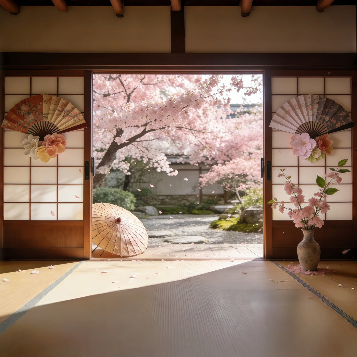 Hintergrund Kirschblüten Sakura Innenhof Schiebetüren Blumenbildhintergrund CSH61-142