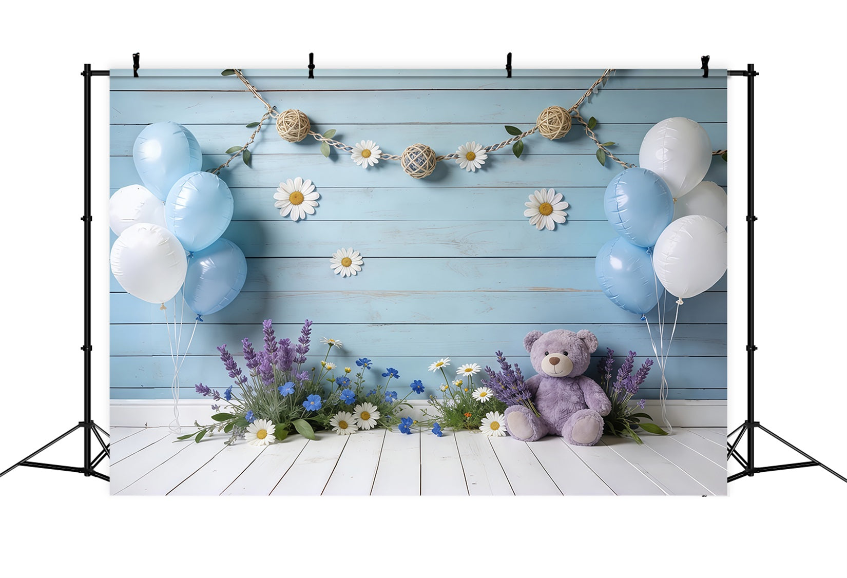 Gänseblümchen-Blumenhintergrund Blaue Holzwand Ballon Teddy Blumenhintergrund für Fotos CSH61-150
