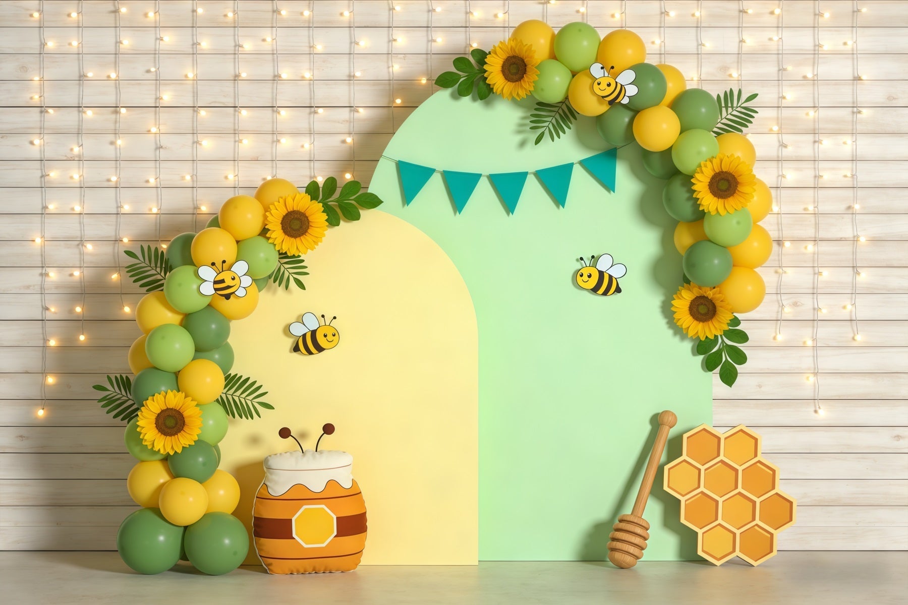 Frühlingsgeburtstag Hintergrund Biene Honig Ballonbogen Frühlingshintergründe für Fotografie CSH61-153