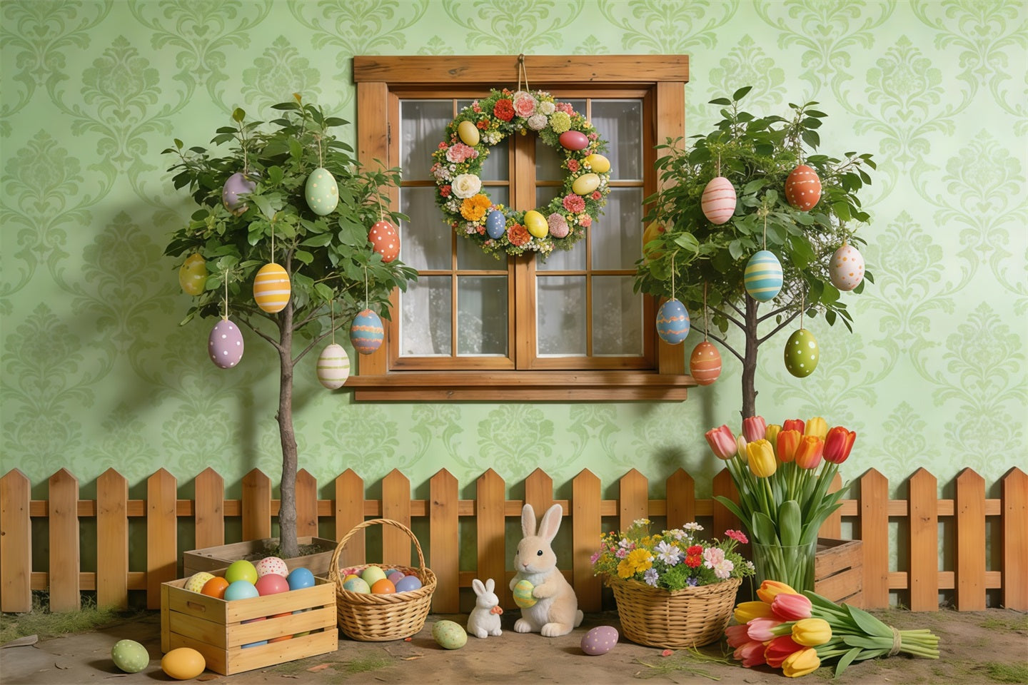 Osterfrühlingshintergrund Gartenfenster Ei Hase Frühlingsfotografie-Hintergründe CSH61-155