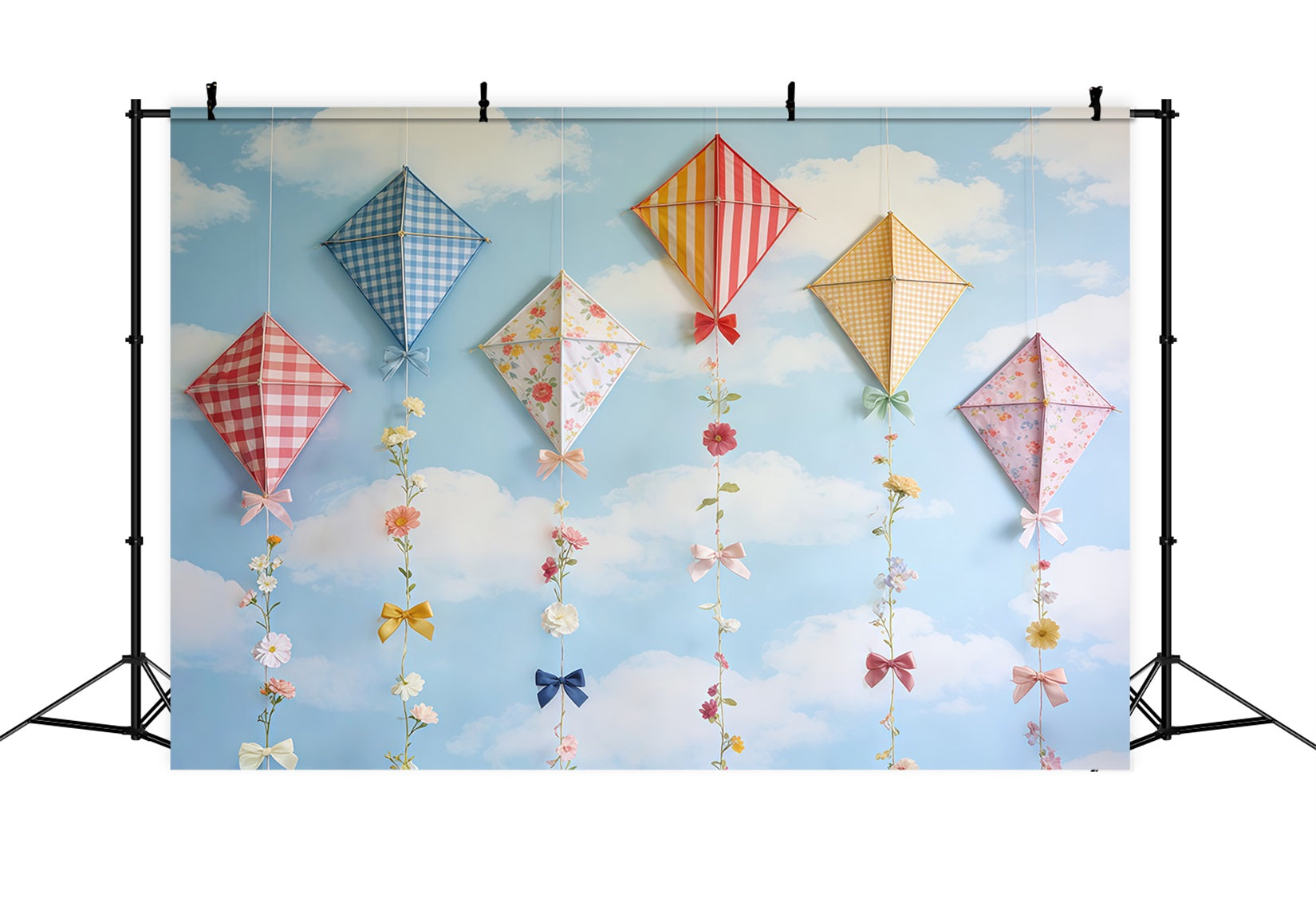 Frühlingsdrachen-Hintergrund Himmel Wolken Pastellfarbener Bogen Blumen Frühlingsfotografie-Hintergrund CSH61-165