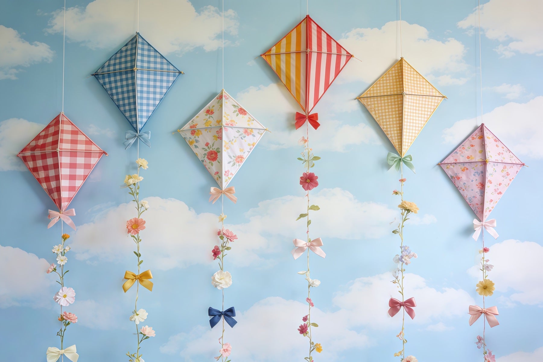 Frühlingsdrachen-Hintergrund Himmel Wolken Pastellfarbener Bogen Blumen Frühlingsfotografie-Hintergrund CSH61-165