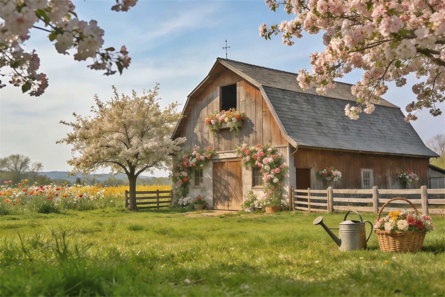 Frühlingsscheune-Hintergrund Rustikales Bauernhaus Blütenwiese Frühlingshintergründe für die Fotografie CSH61-172