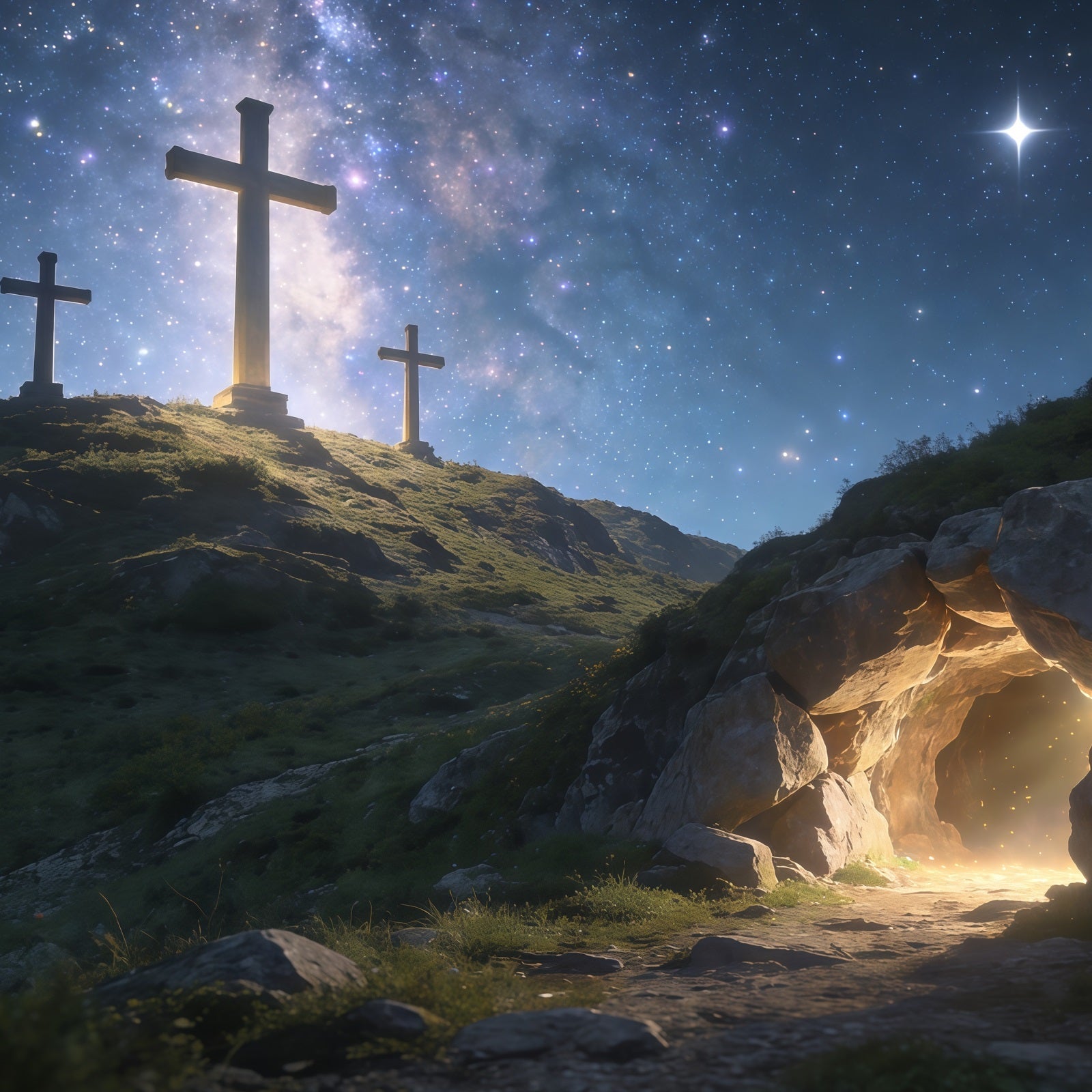 Christlicher Osterhintergrund Sternenkreuz Hügel Leeres Grab Osterhintergründe CSH61-19