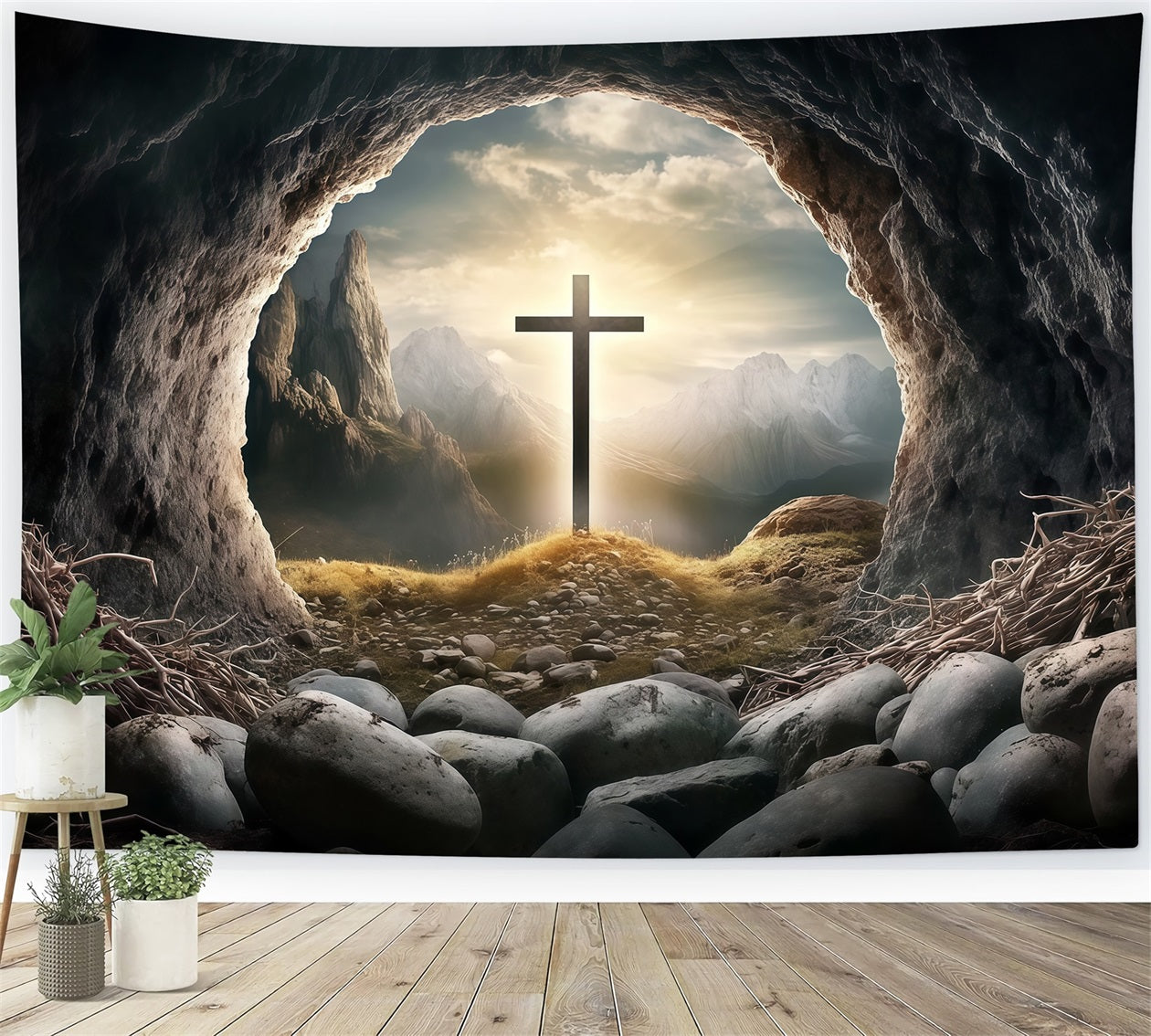 Christlicher Osterhintergrund Grab Horizont Kreuz Glanz Licht Osterhintergrund CSH61-20