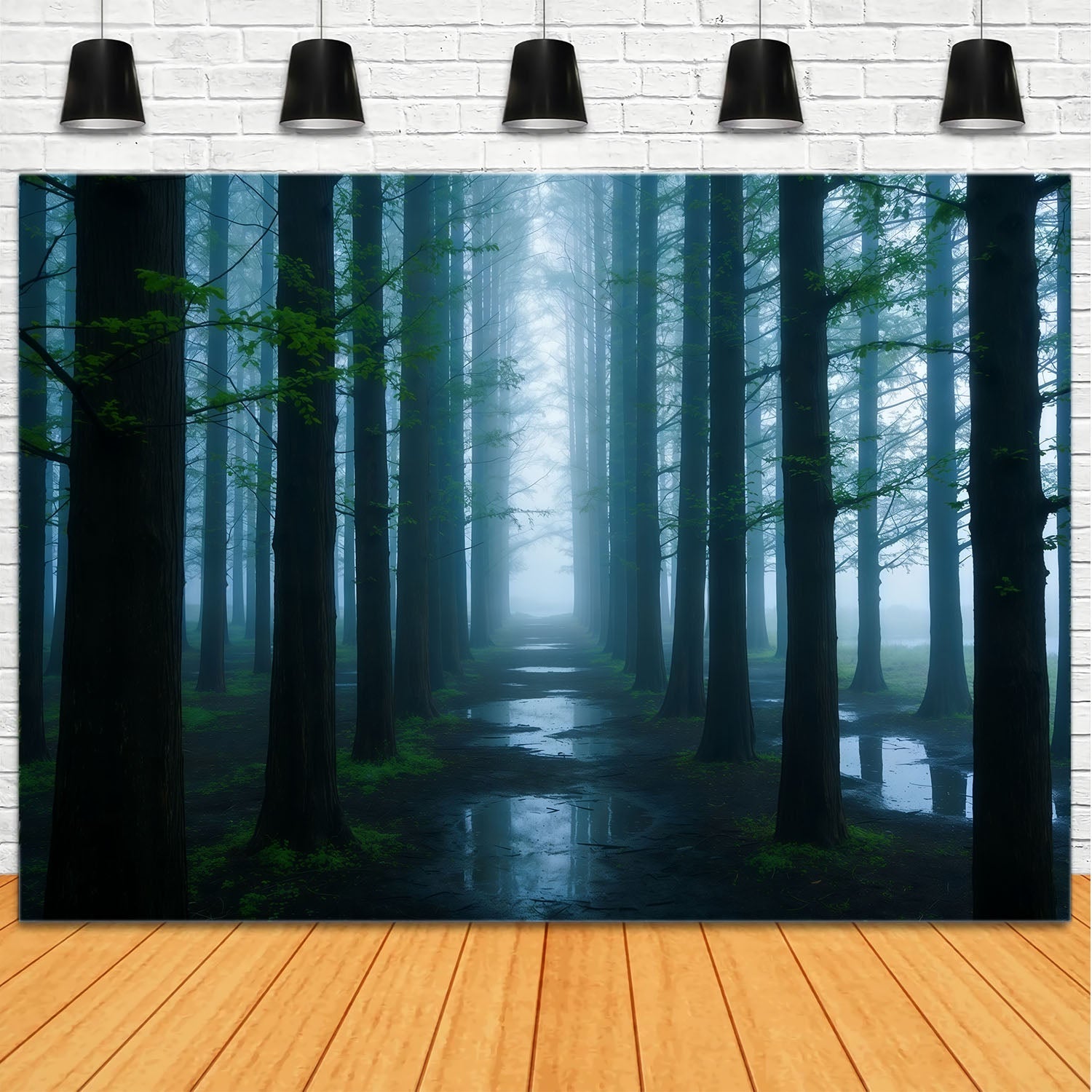 Gruseliger Waldhintergrund Nebliger blauer Waldkorridor Hintergrund Waldthema CSH61-200