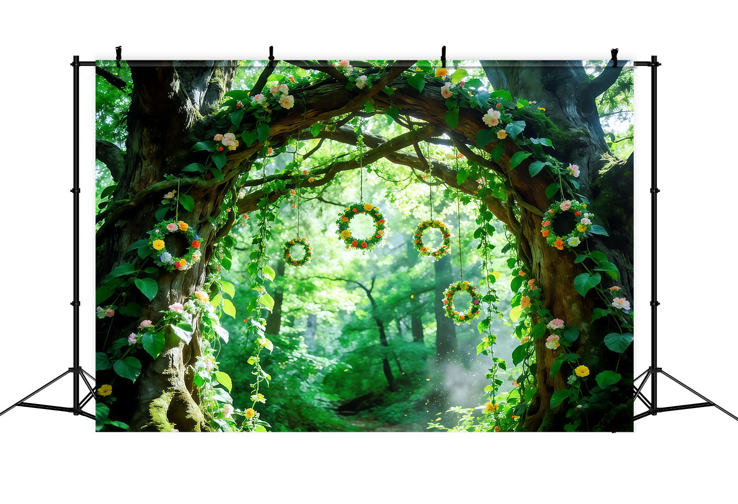 Grüner Waldhintergrund Blumenranken Baumbogen Waldhintergrund Fotografie CSH61-202