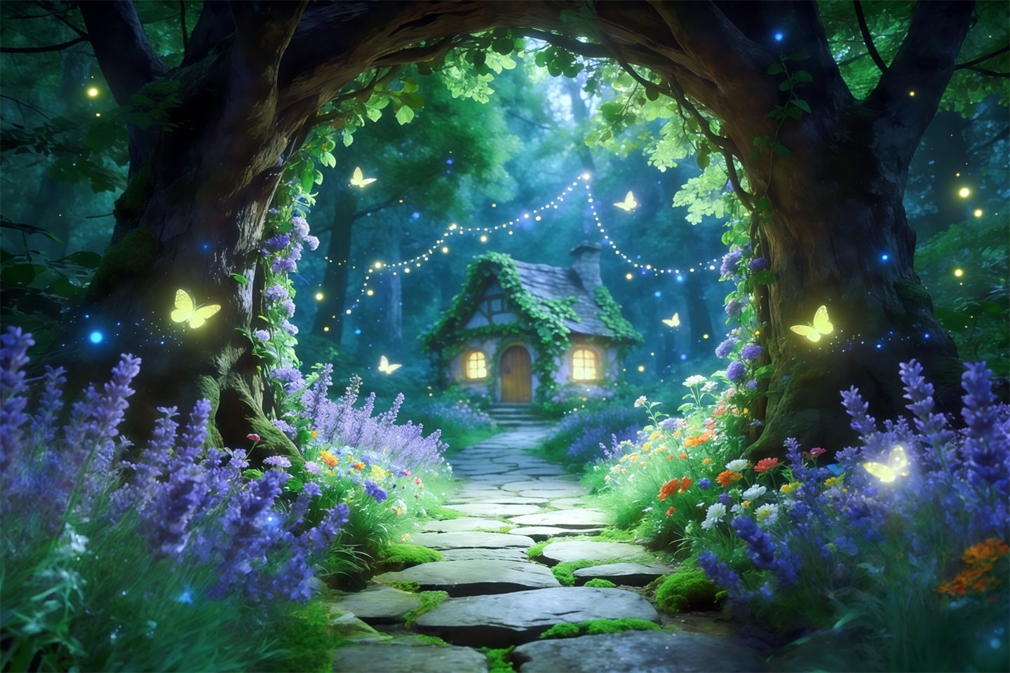 Magischer Waldhintergrund Glühwürmchen-Hütte Gartenweg Waldhintergrund Ideen CSH61-203