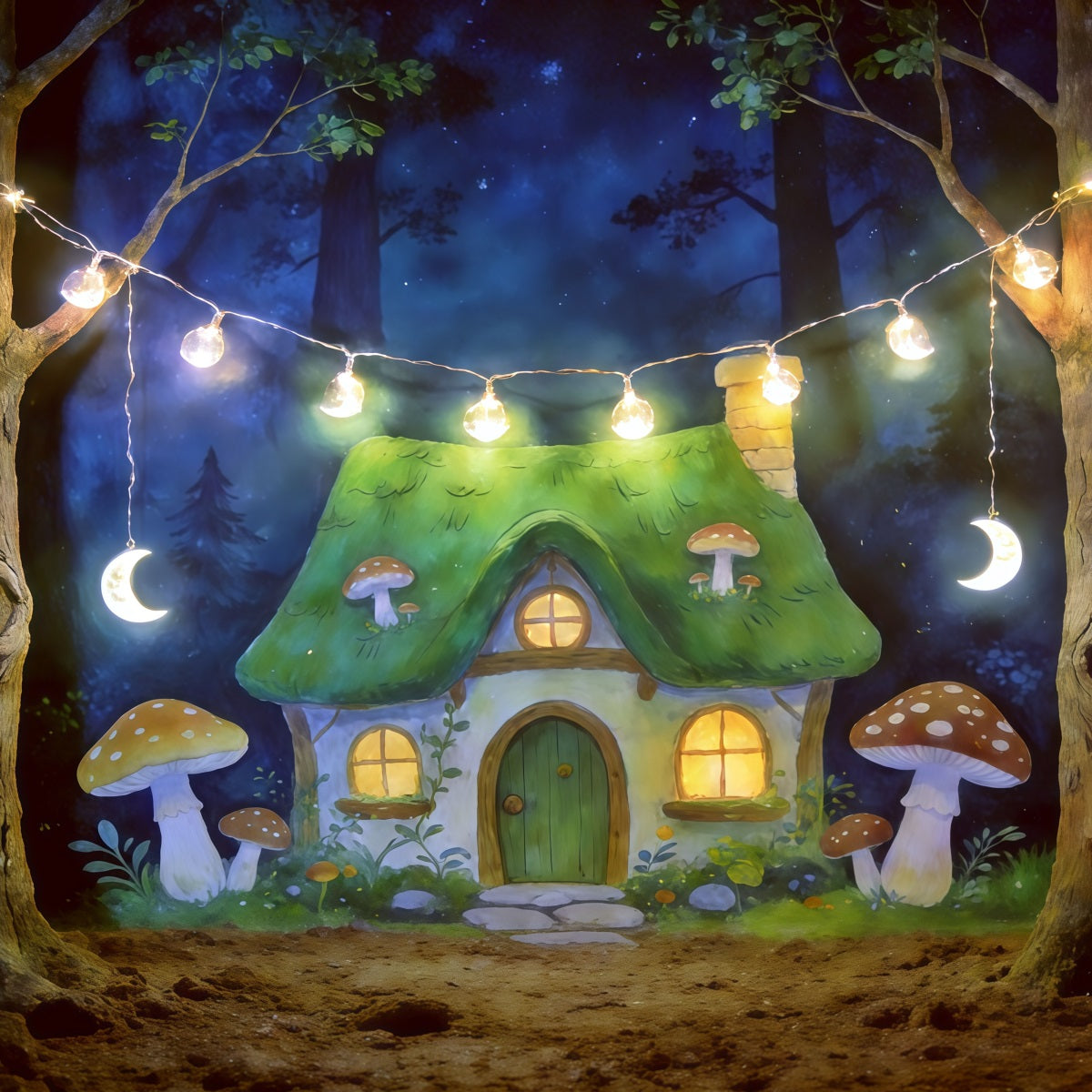 Cartoon-Wald-Hintergrund Mondbeschienene Pilzhäuschen-Lichter Wald-Hintergrundideen CSH61-213