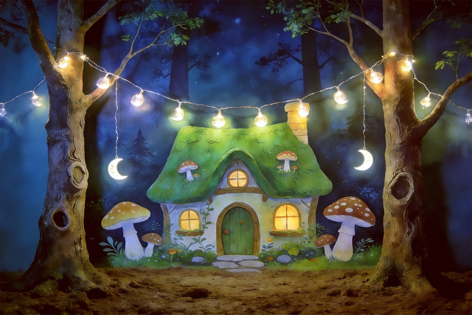 Cartoon-Wald-Hintergrund Mondbeschienene Pilzhäuschen-Lichter Wald-Hintergrundideen CSH61-213