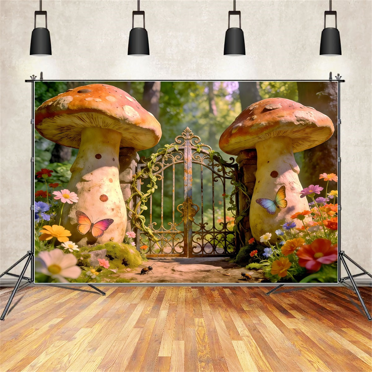 Hintergrund mit märchenhaftem Wald Verzaubertes Pilztor Gartenwald-Hintergrund Fotografie CSH61-218