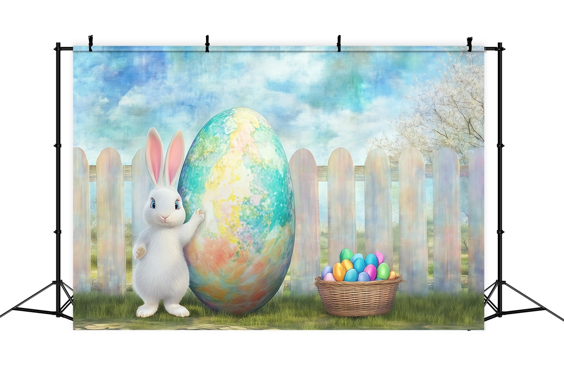 Hintergrund mit Osterhasen Riesiges bemaltes Ei Rustikaler Garten Hintergrund Ostern CSH61-27