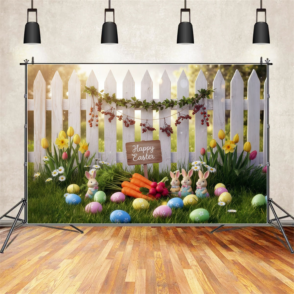 Osterhase-Fotohintergrund Frühlingsgarten Zaun Karotten Ideen für Oster-Fotohintergründe CSH61-35
