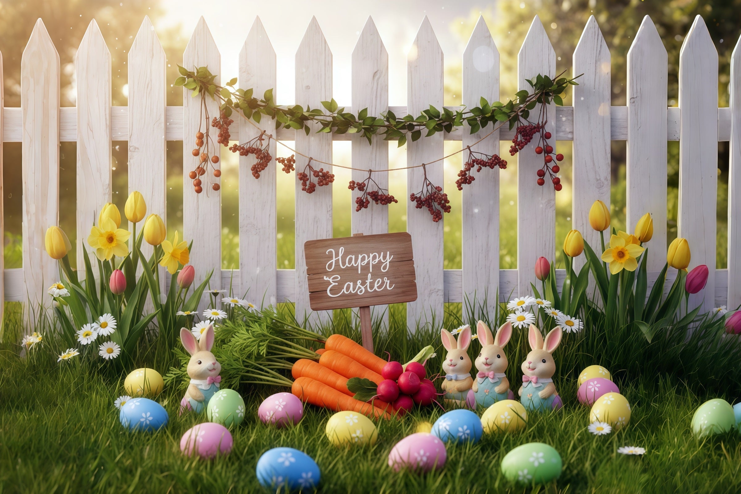 Osterhase-Fotohintergrund Frühlingsgarten Zaun Karotten Ideen für Oster-Fotohintergründe CSH61-35