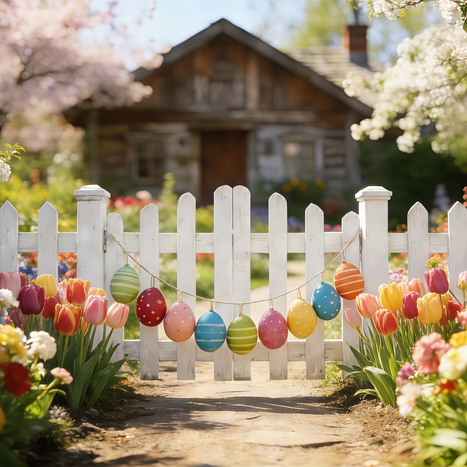 Tulpenhintergrund Frühlingsgarten Zaun Weg Osterfotografie-Hintergründe CSH61-42