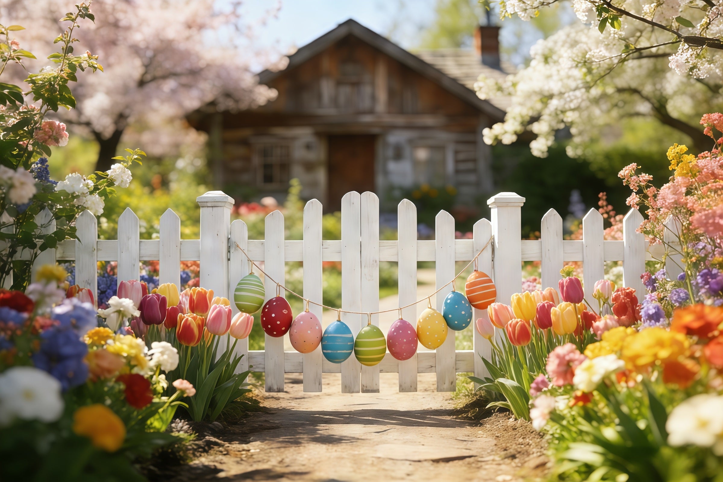 Tulpenhintergrund Frühlingsgarten Zaun Weg Osterfotografie-Hintergründe CSH61-42
