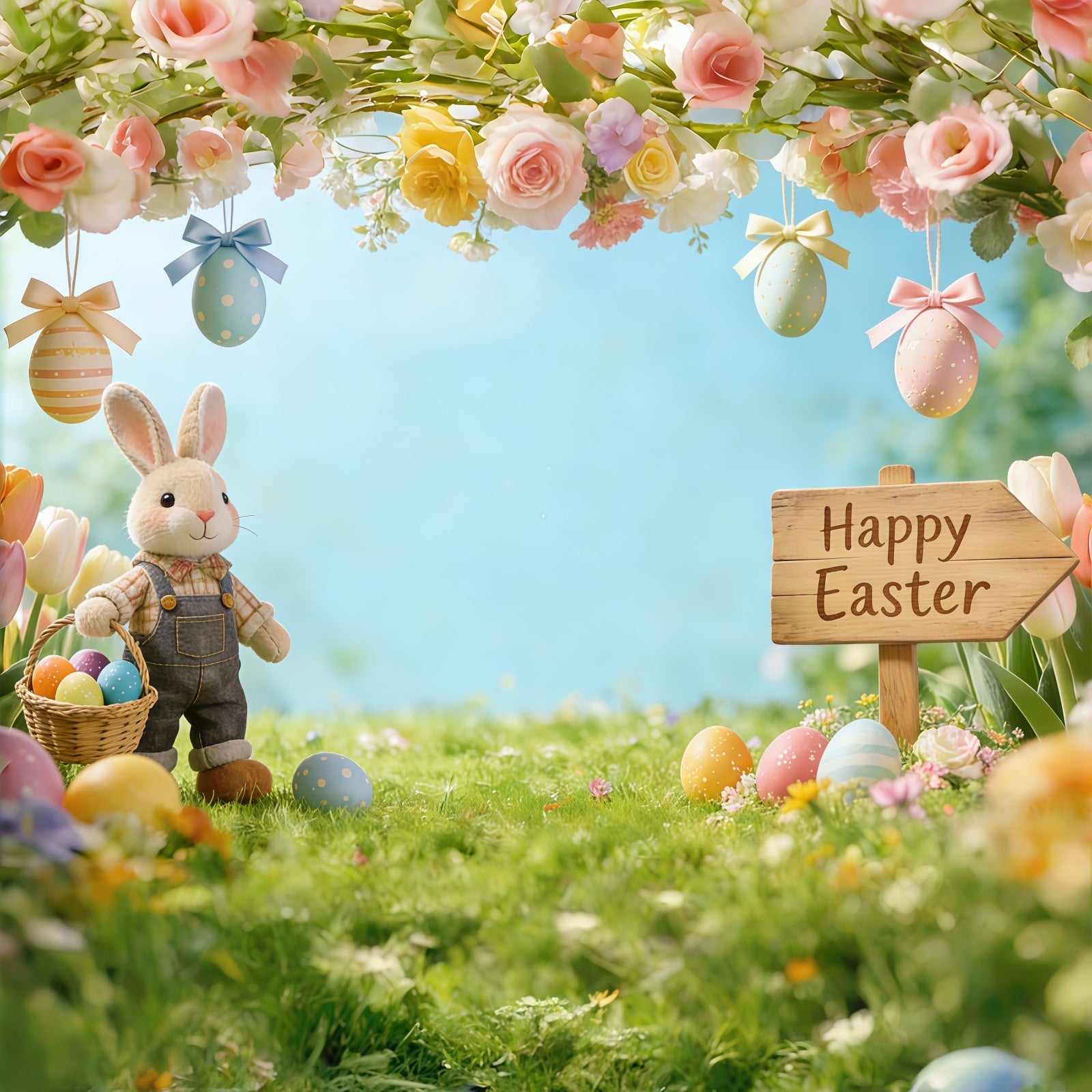Osterhase-Hintergrund für Fotos Blühende Zweige Wiese Eier Oster-Fotohintergrund CSH61-53