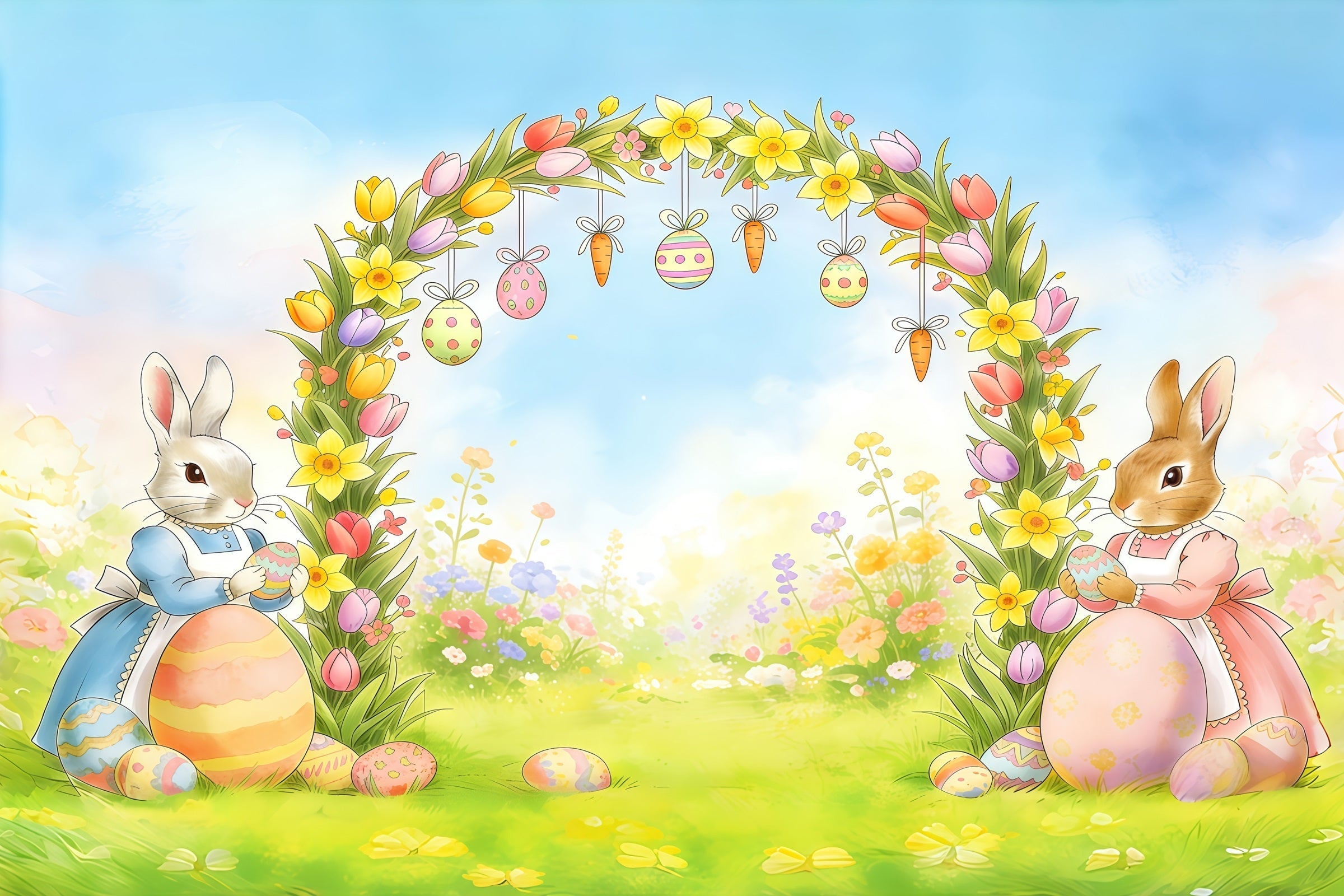Osterbogen-Hintergrund Frühlingswiese Eier-Ballons Oster-Fotohintergründe CSH61-56