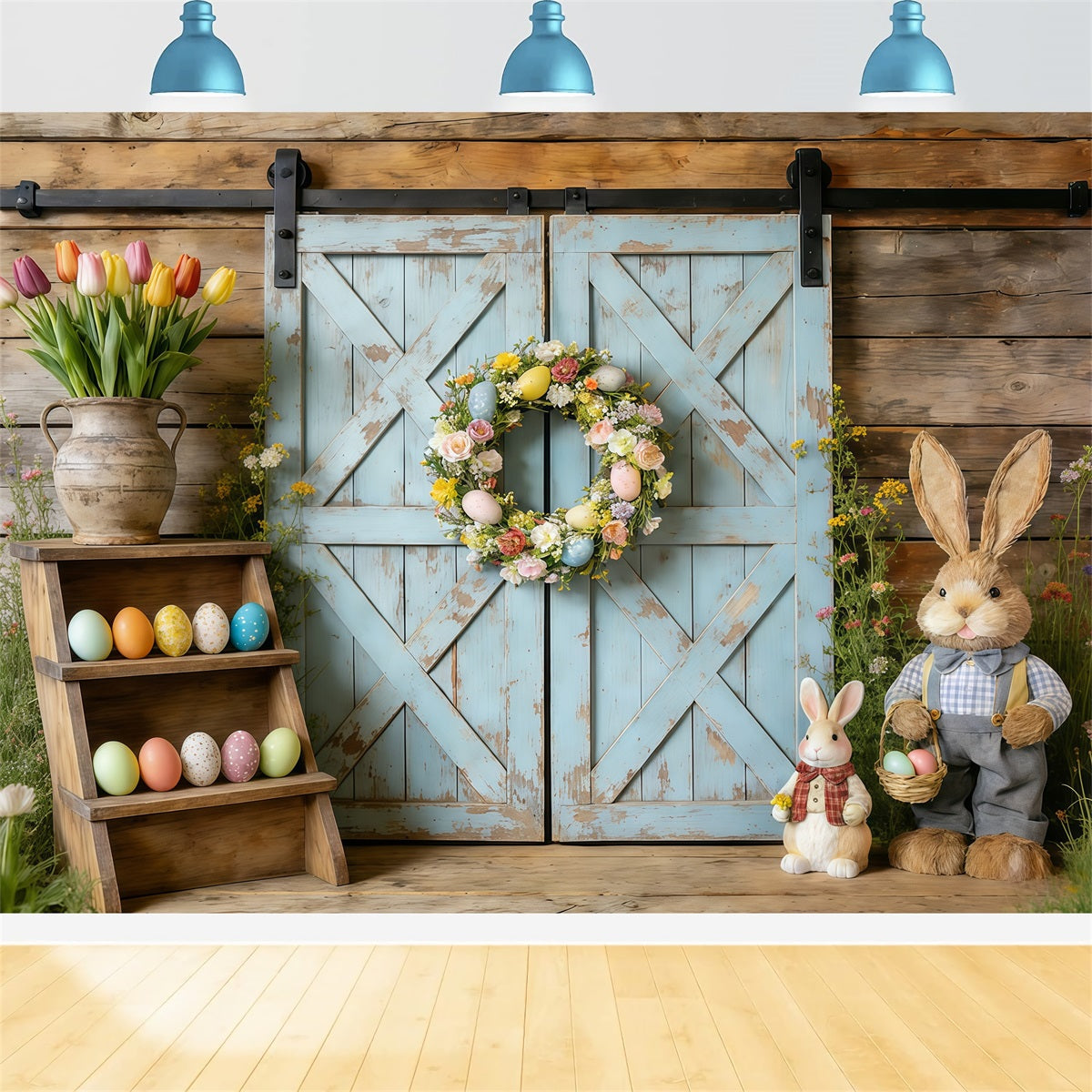 Oster-Frühlings-Blumenkranz-Hintergrund Rustikaler blauer Scheunentor-Kranz Oster-Bildhintergrund-Ideen CSH61-61