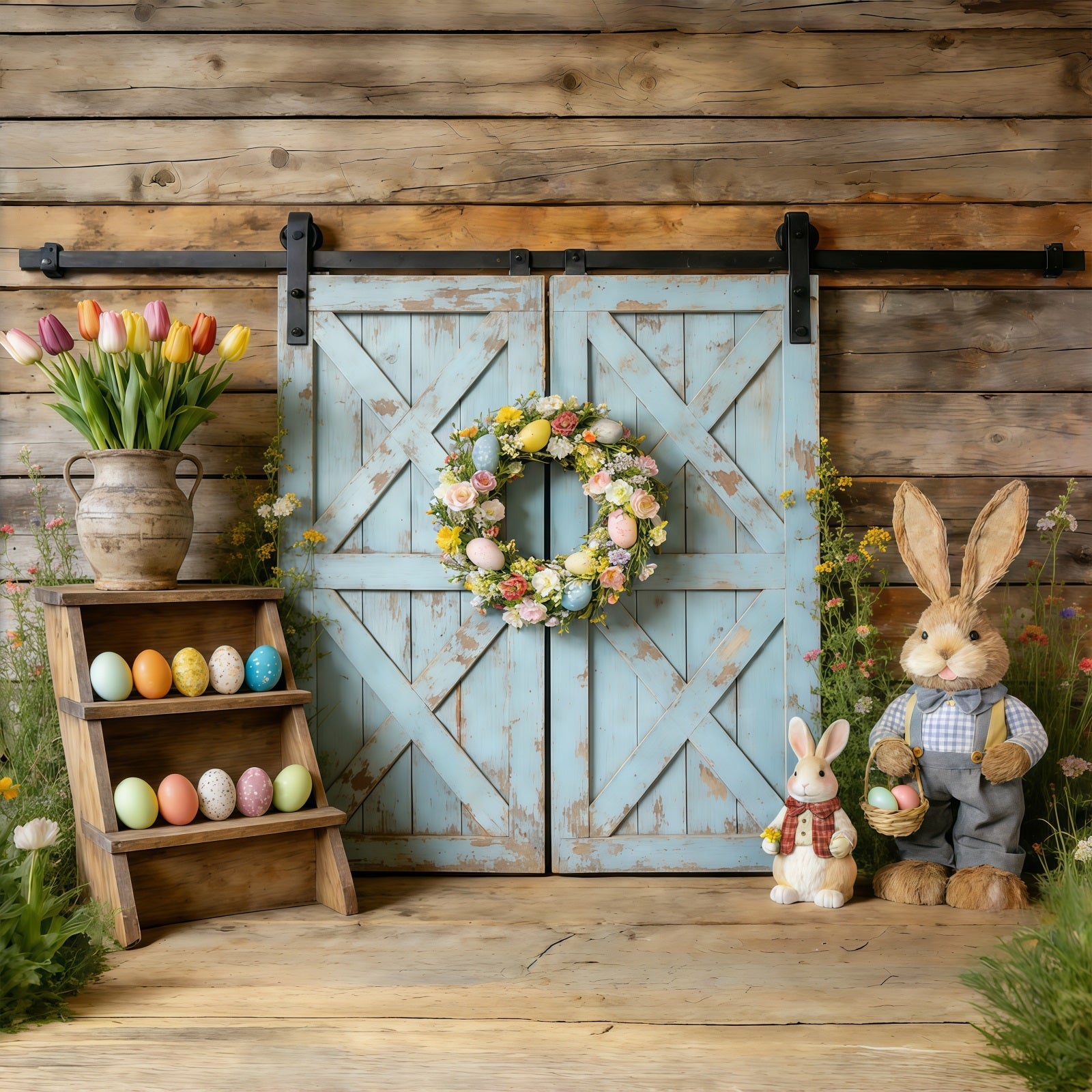 Oster-Frühlings-Blumenkranz-Hintergrund Rustikaler blauer Scheunentor-Kranz Oster-Bildhintergrund-Ideen CSH61-61