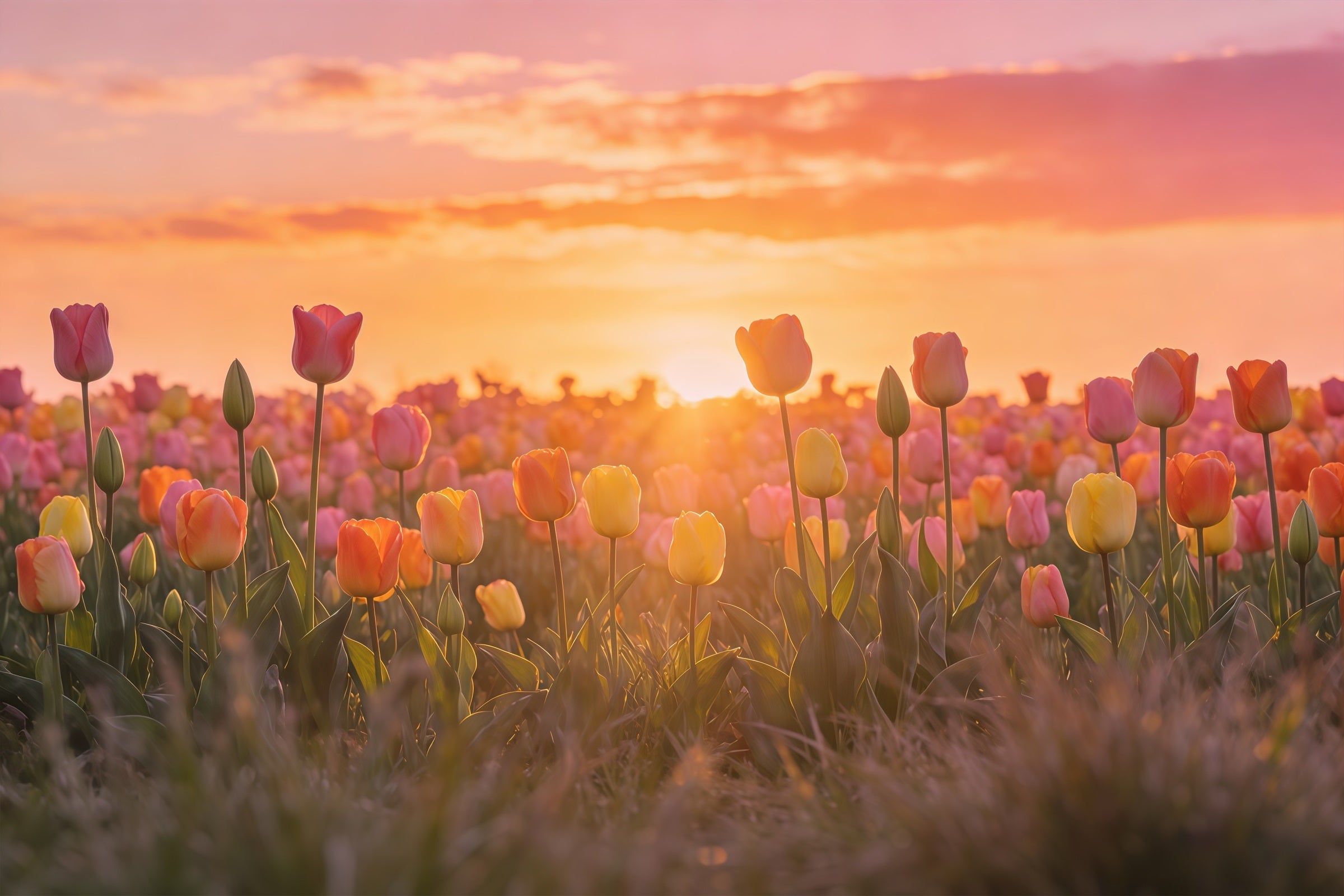 Oster-Tulpen-Hintergrund Sonnenuntergang Feld Blumenwiese Osterfotografie-Hintergründe zu verkaufen CSH61-64