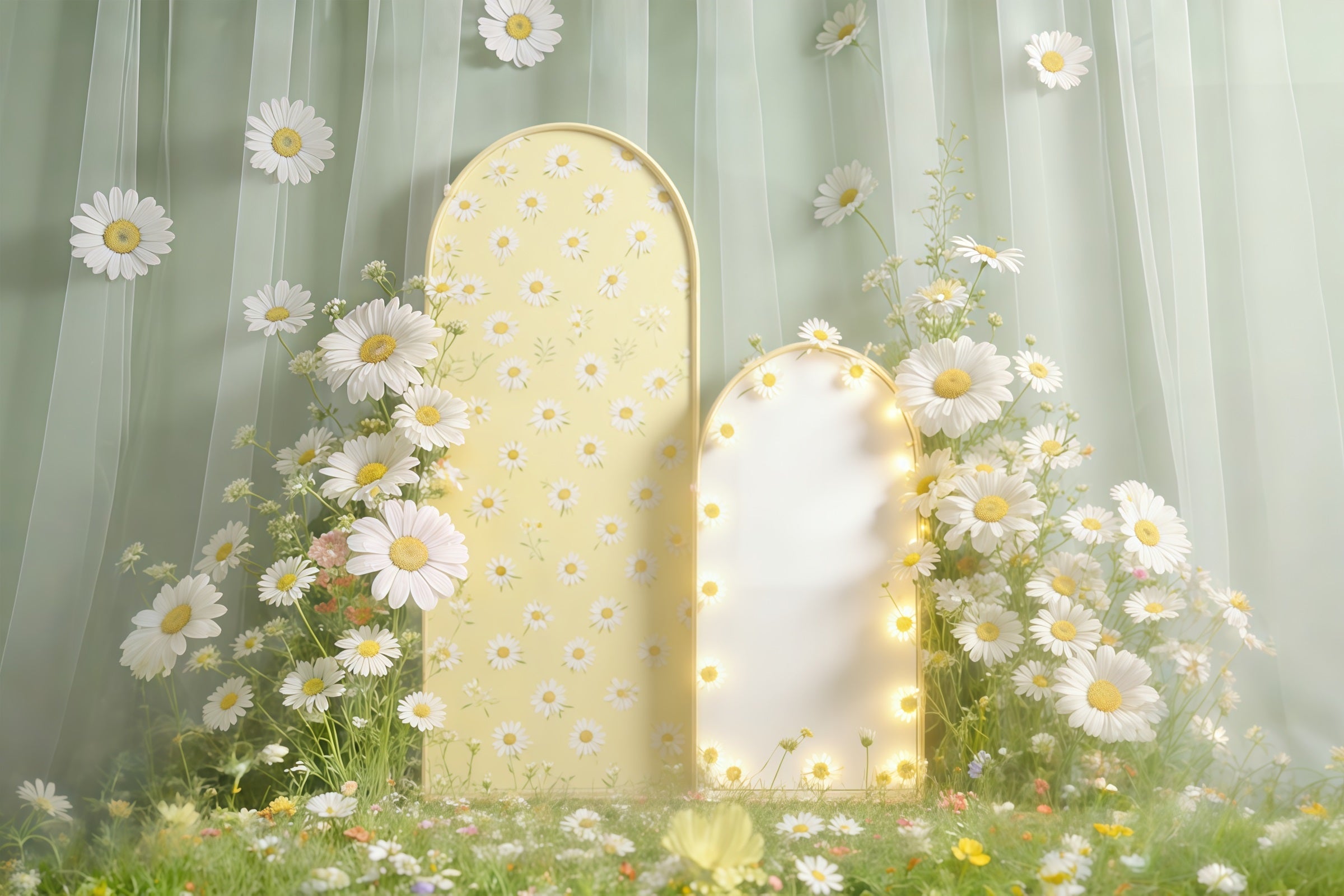 Oster-Gänseblümchen-Hintergrund Blumengartenbogen Weiches Licht Fotohintergrund Ostern CSH61-66