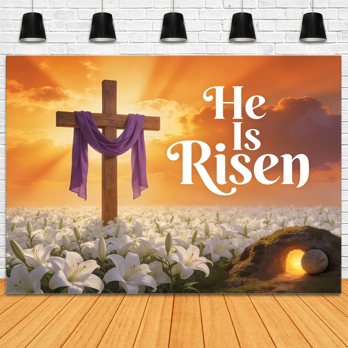 Ostern Er ist auferstanden Hintergrund Kreuz Lilien Sonnenaufgang Fotografie Oster-Hintergrund CSH61-79