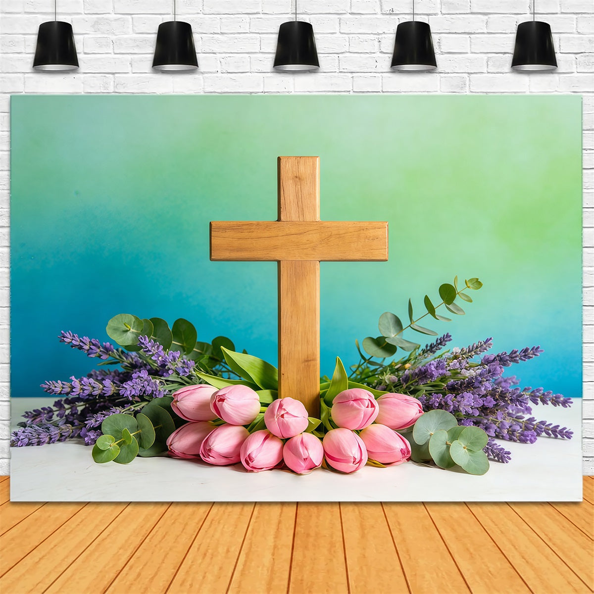Oster-Fotohintergrund für die Kirche Frühlingsblumen Kreuz Blaugrüne Wand Oster-Hintergrundideen CSH61-8