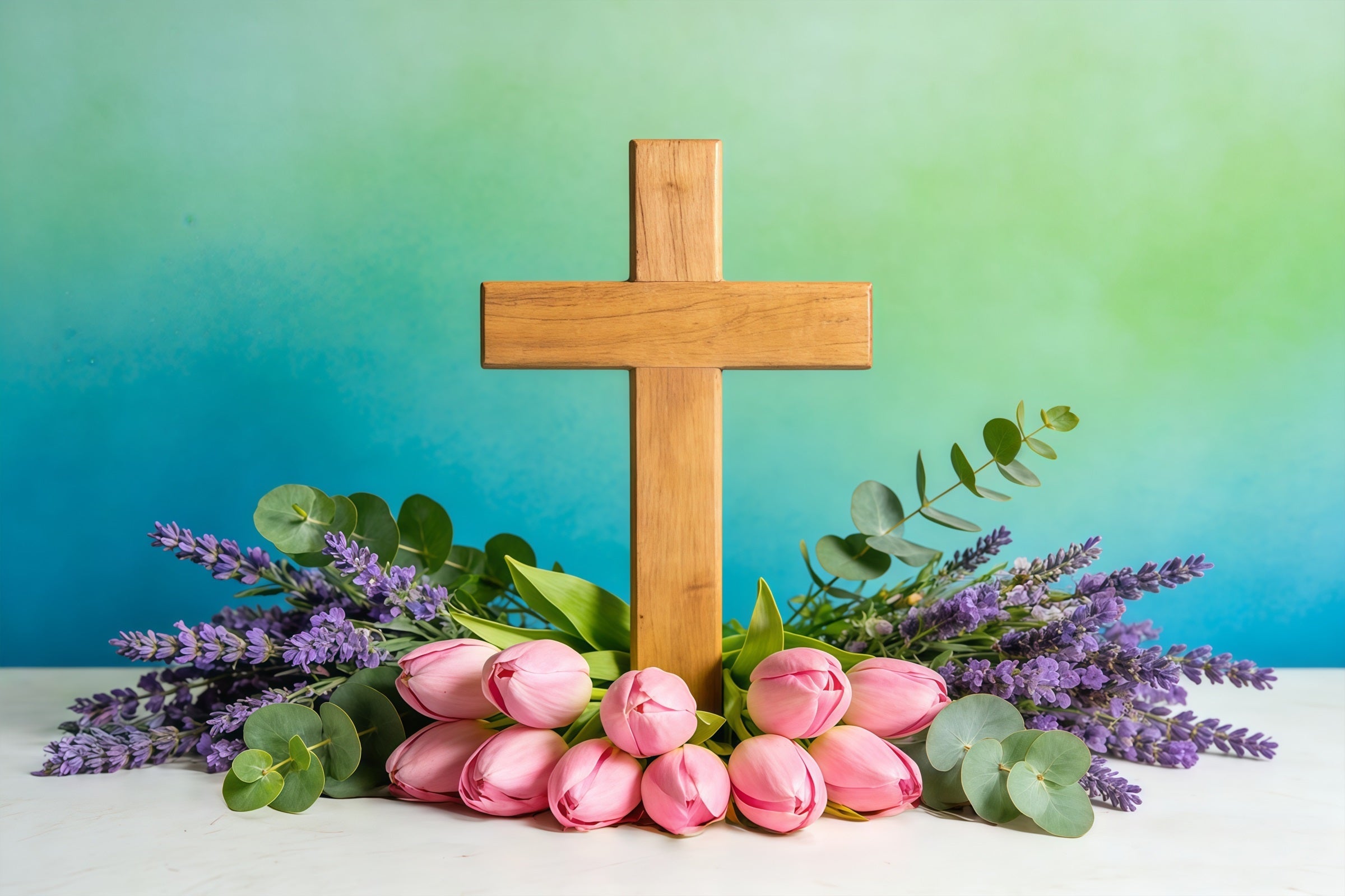 Oster-Fotohintergrund für die Kirche Frühlingsblumen Kreuz Blaugrüne Wand Oster-Hintergrundideen CSH61-8