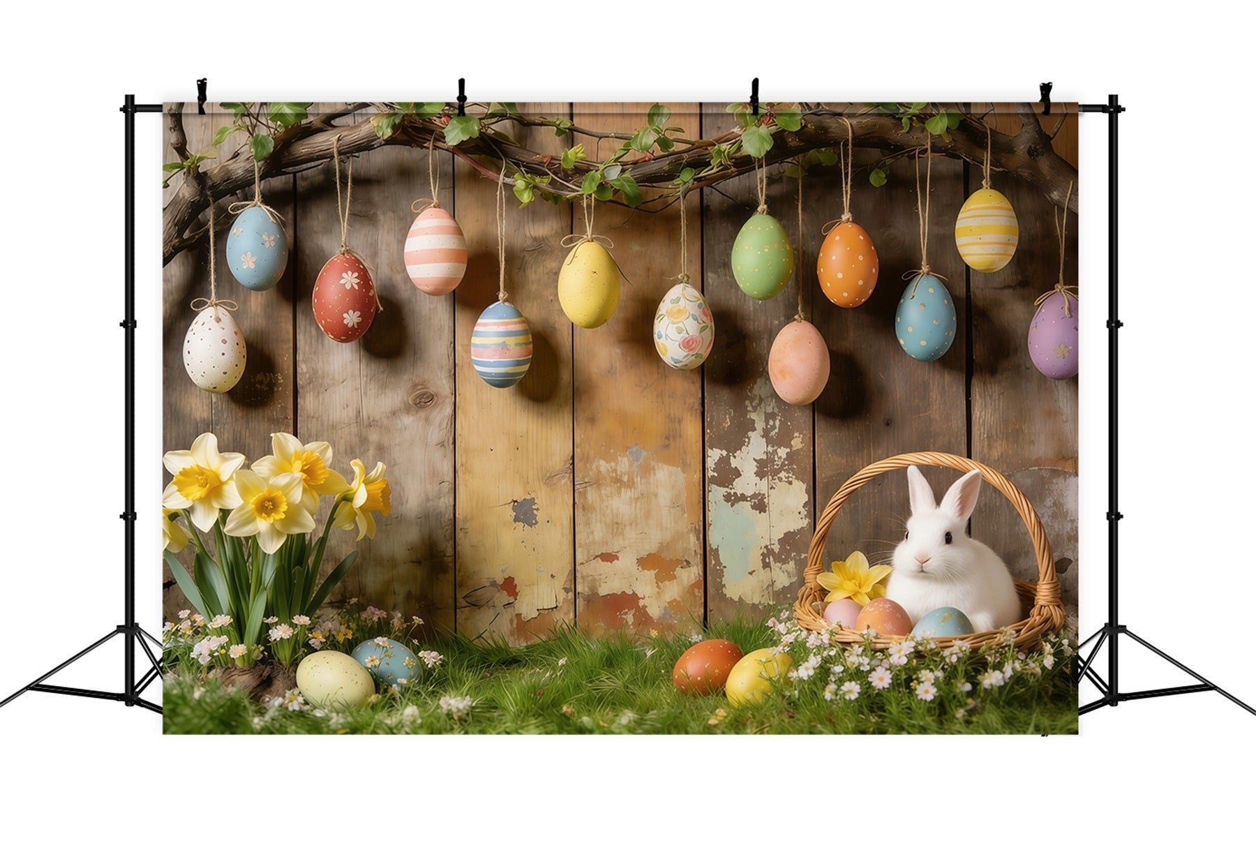 Oster-Hintergrund im rustikalen Stil Hängende Eier Hasenkorb Narzissen Fotohintergründe für Ostern CSH61-87