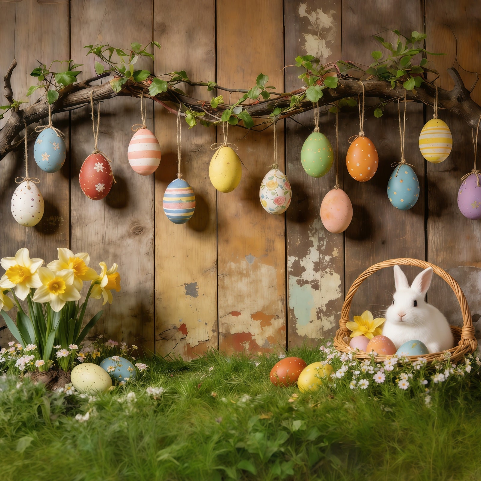 Oster-Hintergrund im rustikalen Stil Hängende Eier Hasenkorb Narzissen Fotohintergründe für Ostern CSH61-87