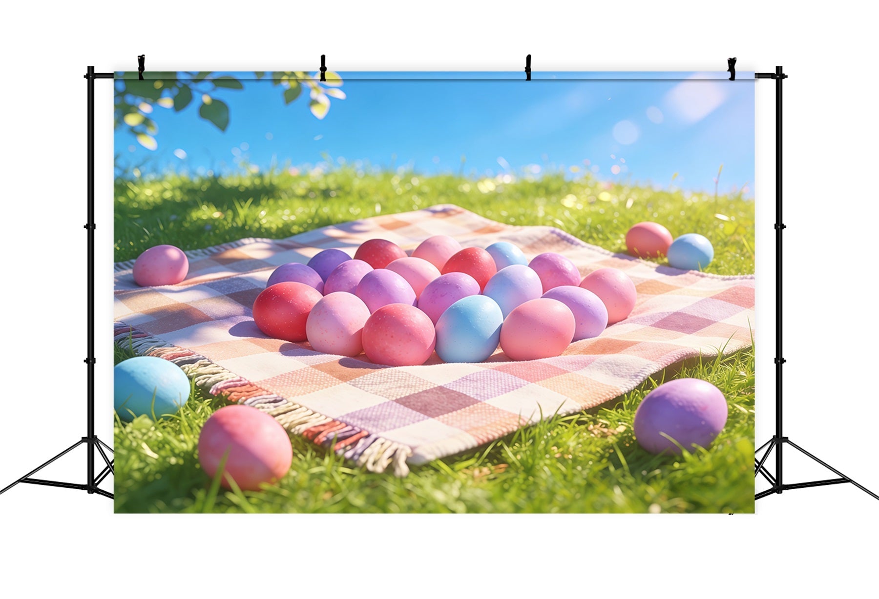Oster-Fotohintergrund für die Kirche Pastellfarbenes Eierfeld Wiese Frohe Ostern-Hintergrund CSH61-9