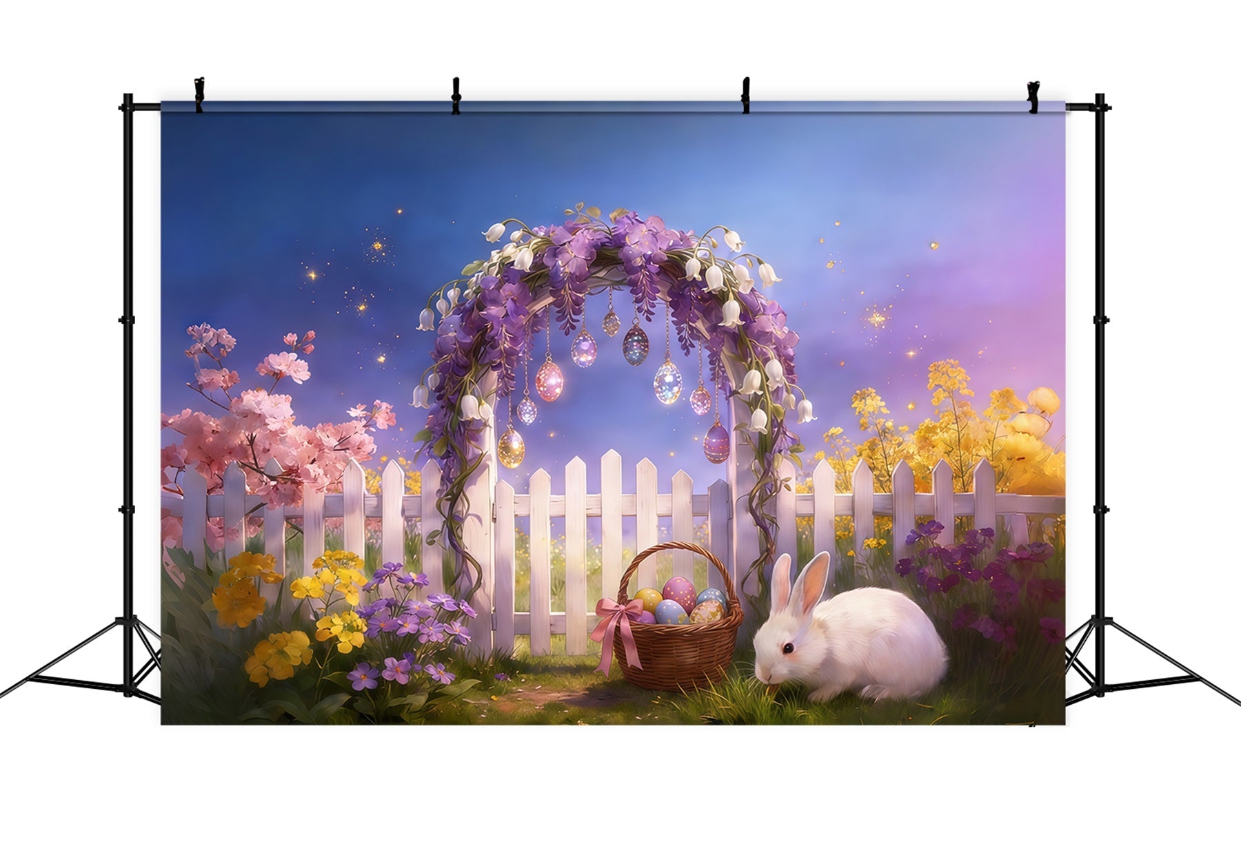 Oster-Märchen-Hintergrund Blumenbogen Zaun Eier Hängender Hase Osterparty-Hintergrund CSH61-92