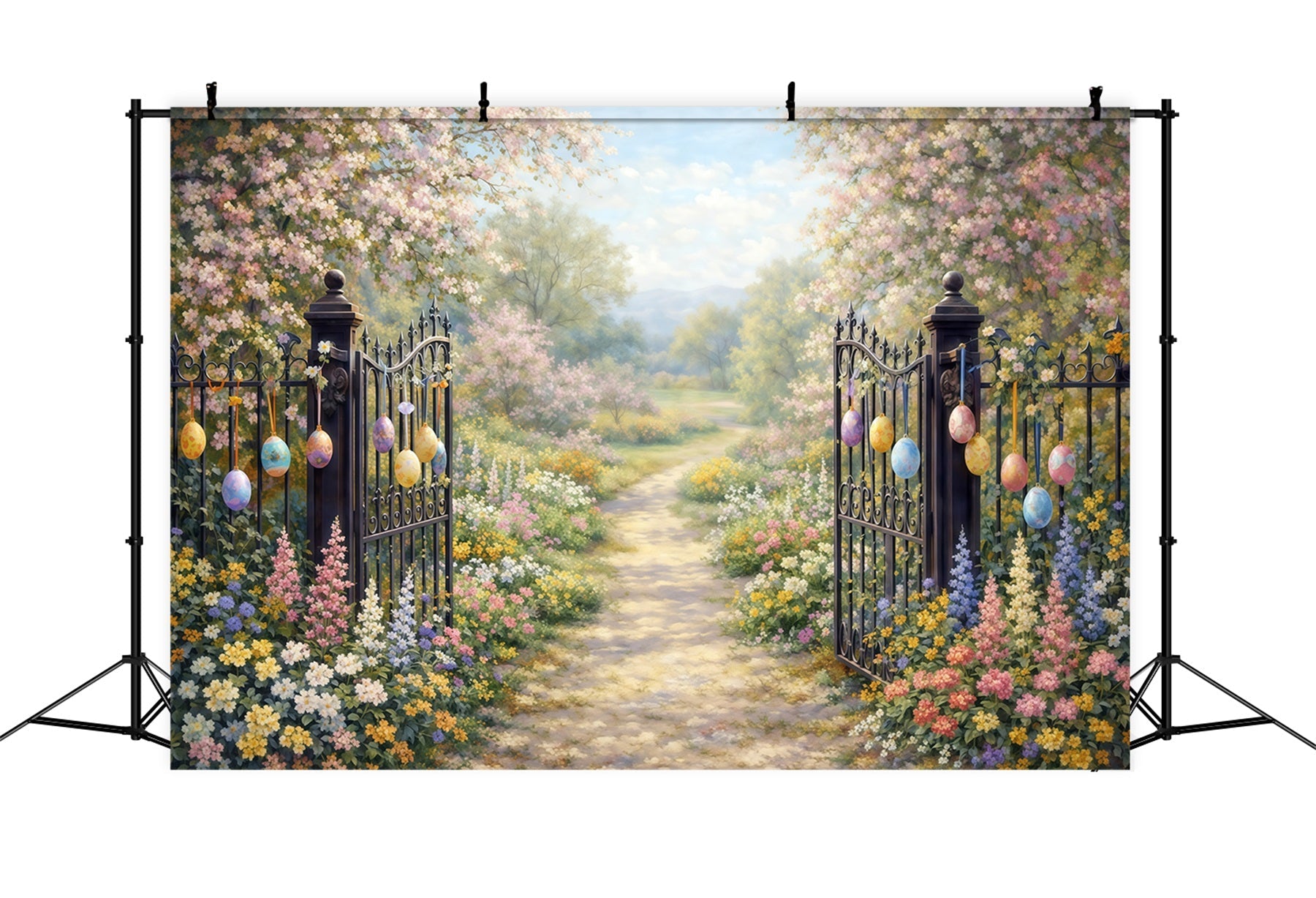 Oster-Vintage-Blumenhintergrund Gartentor Blütenweg Eier 10x10 Osterhintergründe CSH61-93