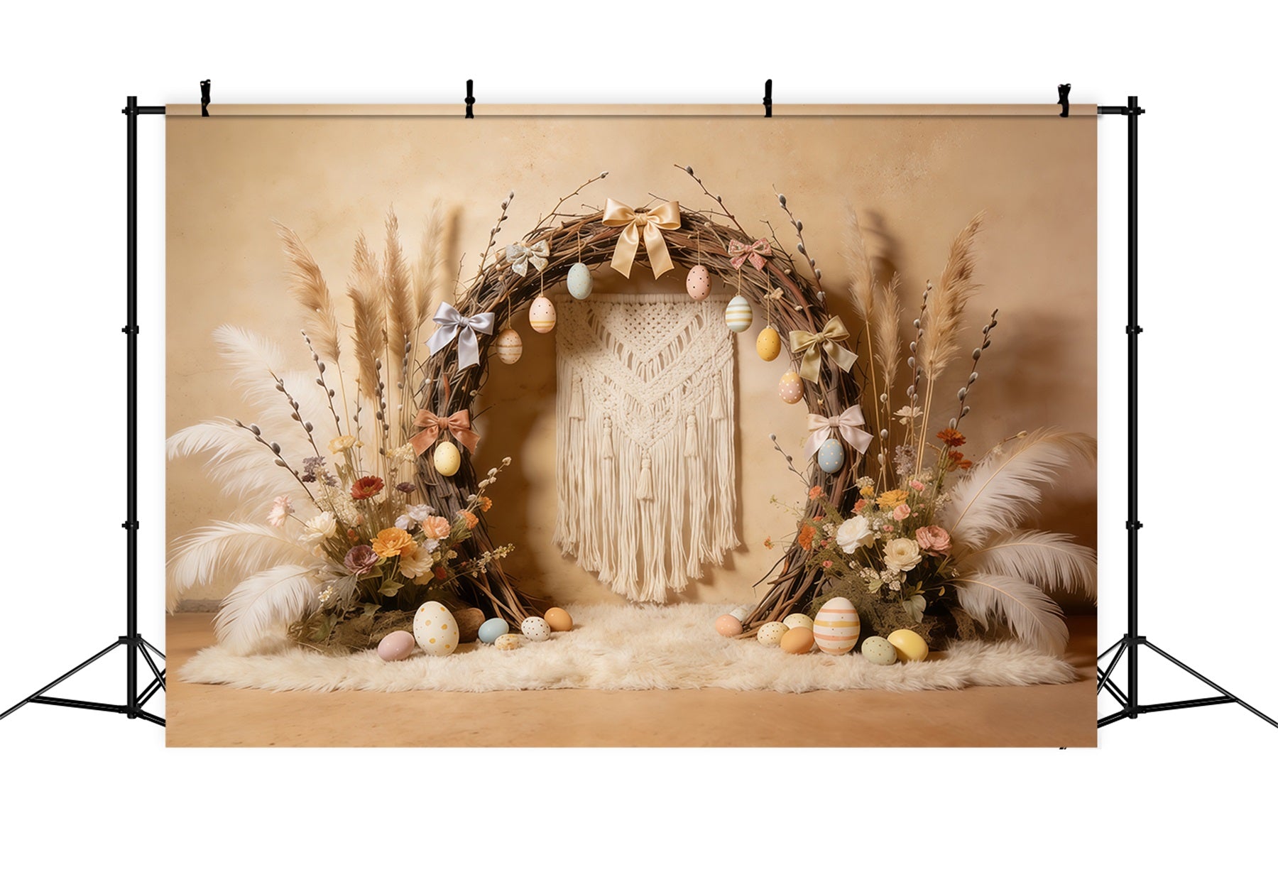 Oster-Boho-Hintergrund Rustikaler Bogen Pastellfarbene Eier Schleifen 10x10 Osterhintergründe CSH61-95
