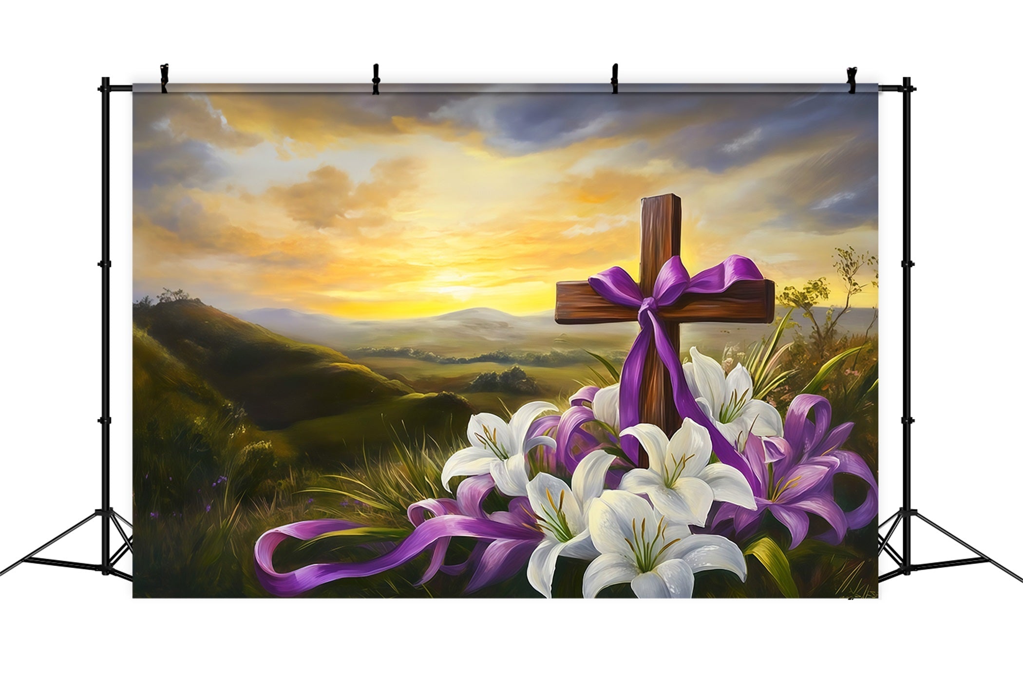 Osterkreuz und Lilien Hintergrund Sonnenuntergang Berge Religiöse Fotohintergründe für Ostern CSH62-103