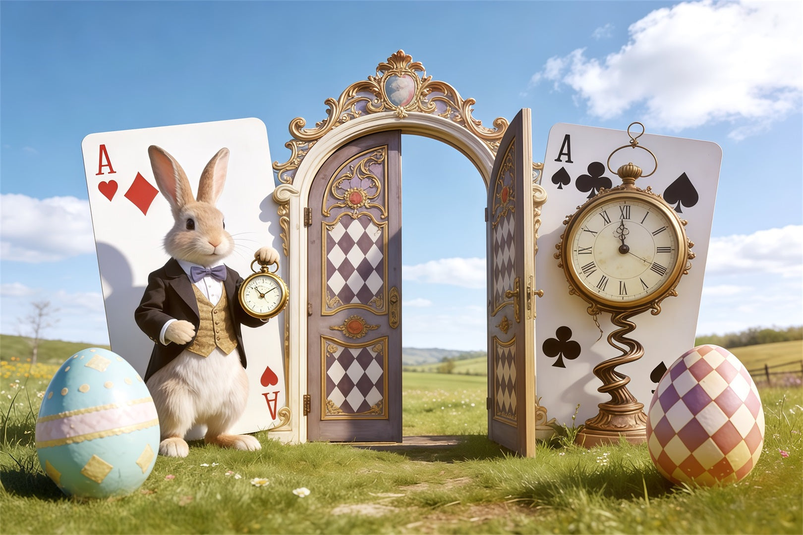 Oster-Blauer-Himmel-Hintergrund Wunderland-Hase Uhr Tür Fotografie-Hintergründe Ostern CSH62-105