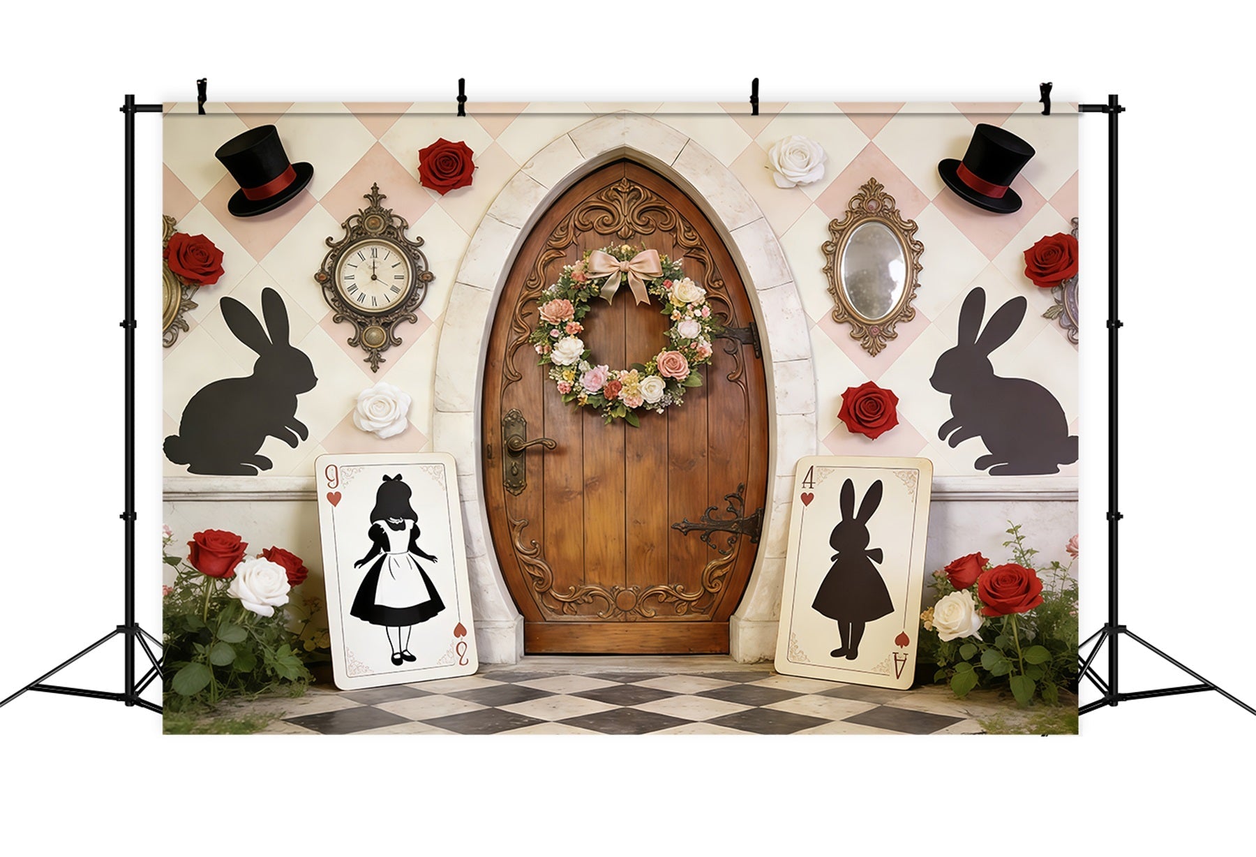 Oster-Kranz-Tür-Hintergrund Wunderland-Tür-Karte Silhouetten Osterparty-Hintergrund CSH62-106