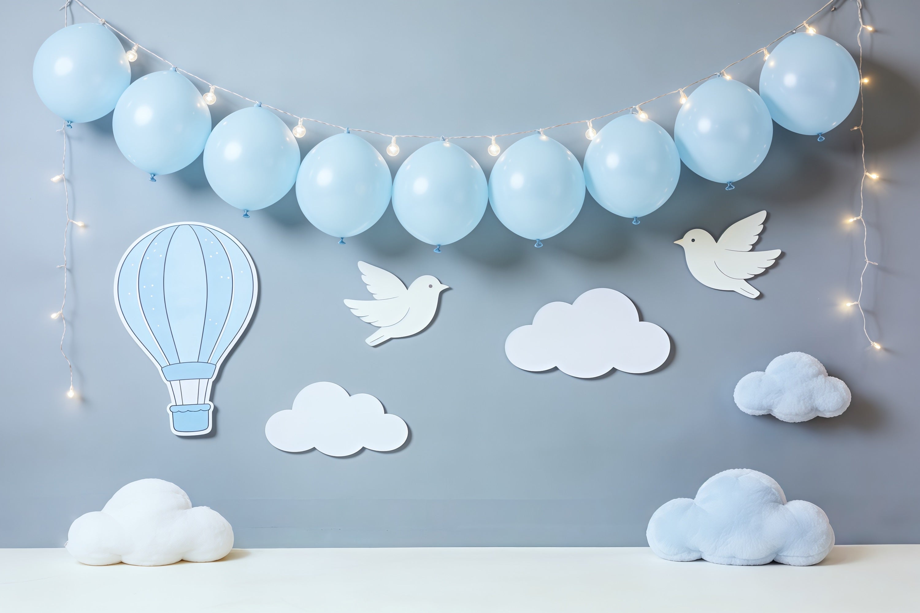Wolkenhintergrund Blaue Ballons Vogelwolken Neugeborenen-Fotografie-Hintergründe CSH62-111